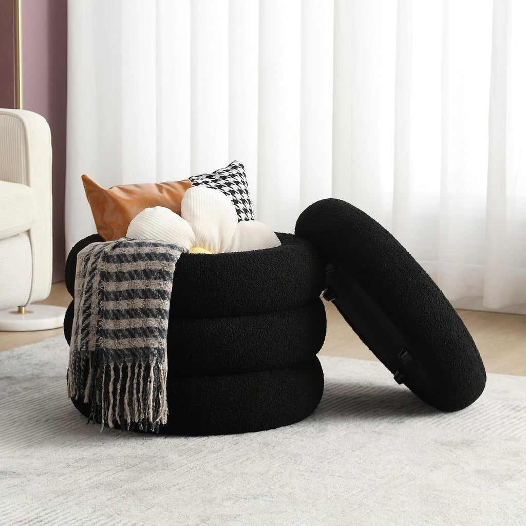 19.5 Inch Round Storage Ottoman, Modern Sherpa Ottoman Coffee Table with Removable Top, Black Vanity Stool with Storage for Bedroom, Living Room, Dorm, Set of 1