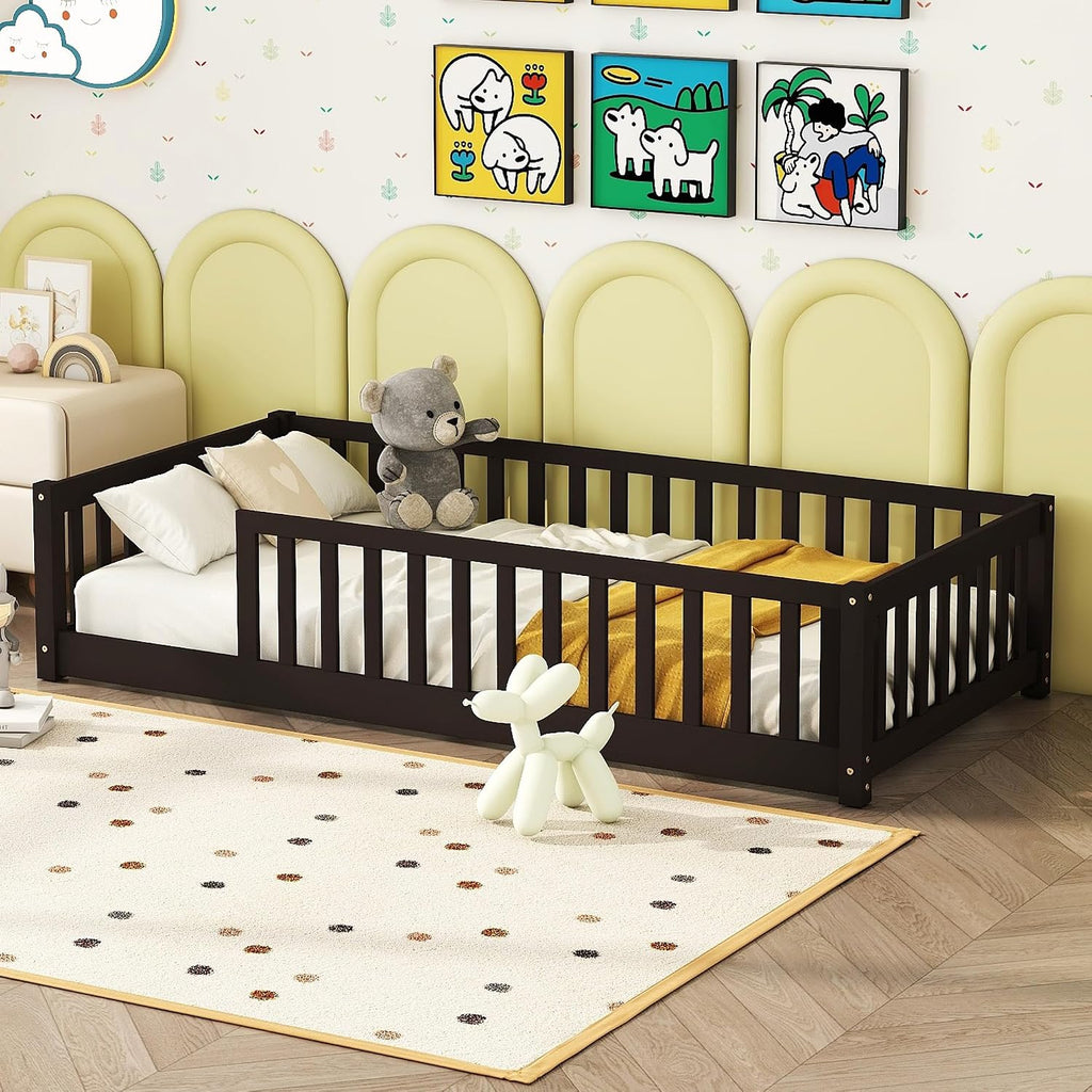 Twin Size Kids Montessori Floor Bed,Twin Floor Bed Frame with Slats,Solid Wood Twin Bed Frame for Girls Boys,White