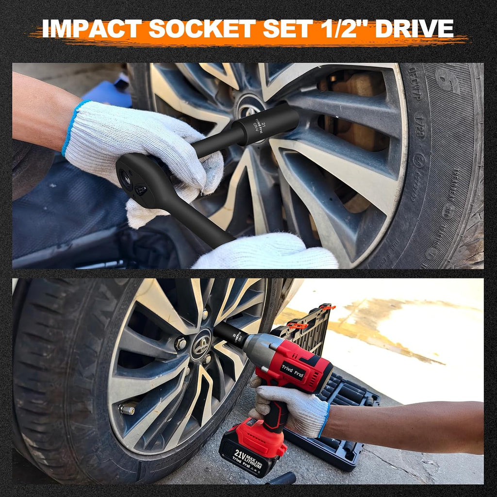 Impact Socket Wrench Set 1/2' Drive - Trivd Frol 65pcs Impact Socket Set Metric and Standard Full, Metric Socket Set 8-24mm & SAE Socket Set 3/8'-1-1/4', Shallow & Deep Socket Set, Extensions, Adapter