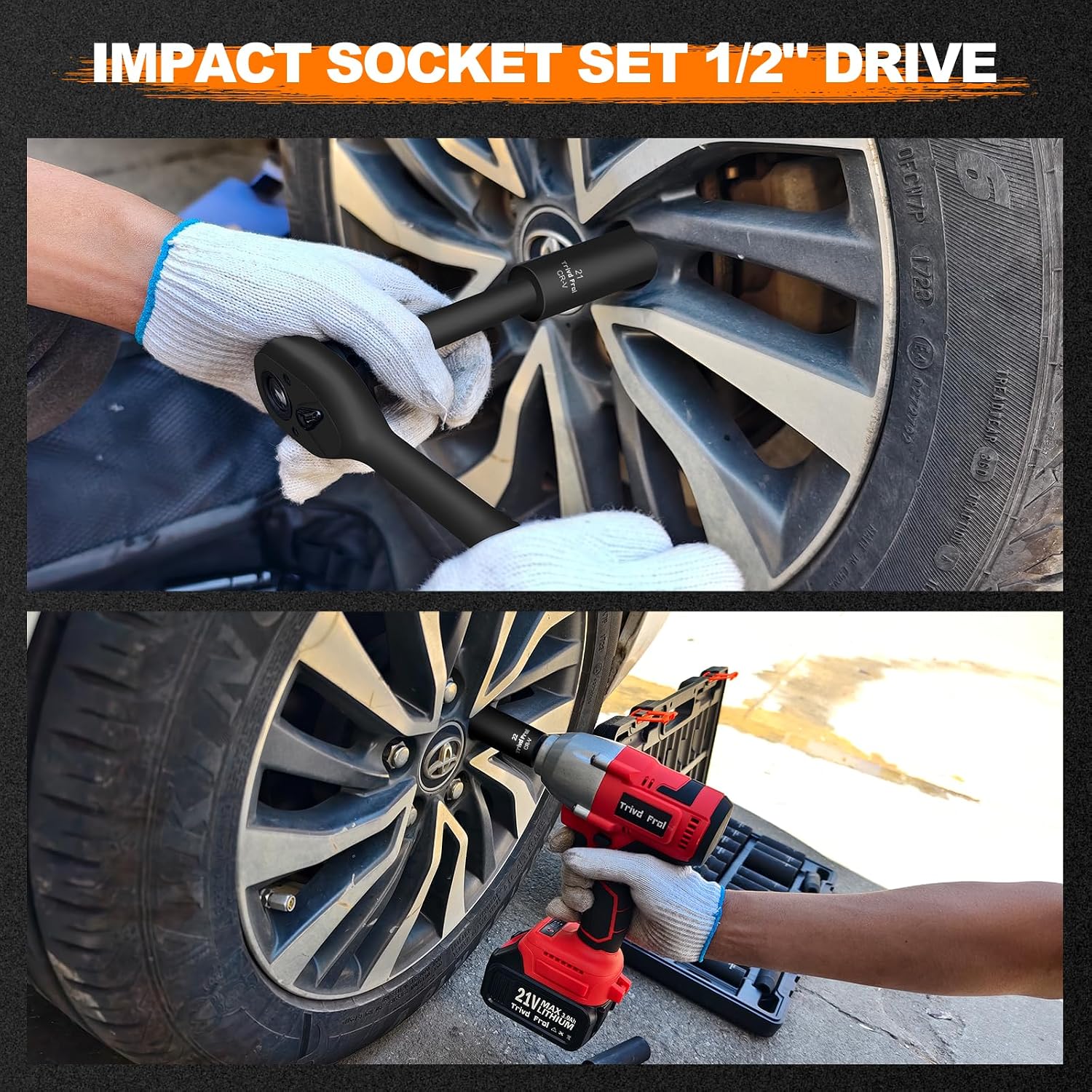 Impact Socket Wrench Set 1/2' Drive - Trivd Frol 65pcs Impact Socket Set Metric and Standard Full, Metric Socket Set 8-24mm & SAE Socket Set 3/8'-1-1/4', Shallow & Deep Socket Set, Extensions, Adapter