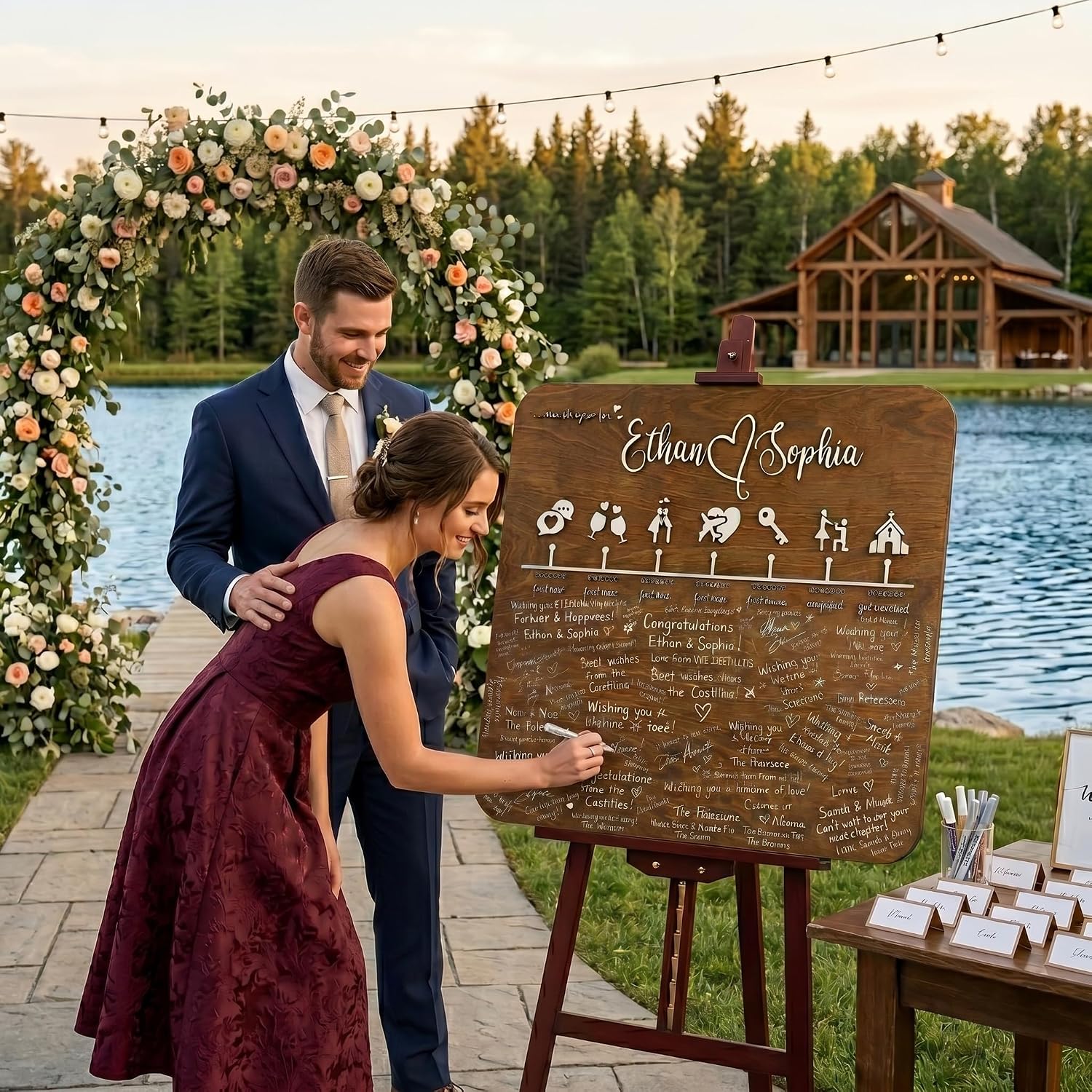 Personalized Wedding Guest Book Alternative Wood Sign – Custom 3D Love Story Timeline with Icons, Rustic Birch Wooden Guestbook for Reception & Wall Decor Keepsake – Includes Marker & Hanging Hardware
