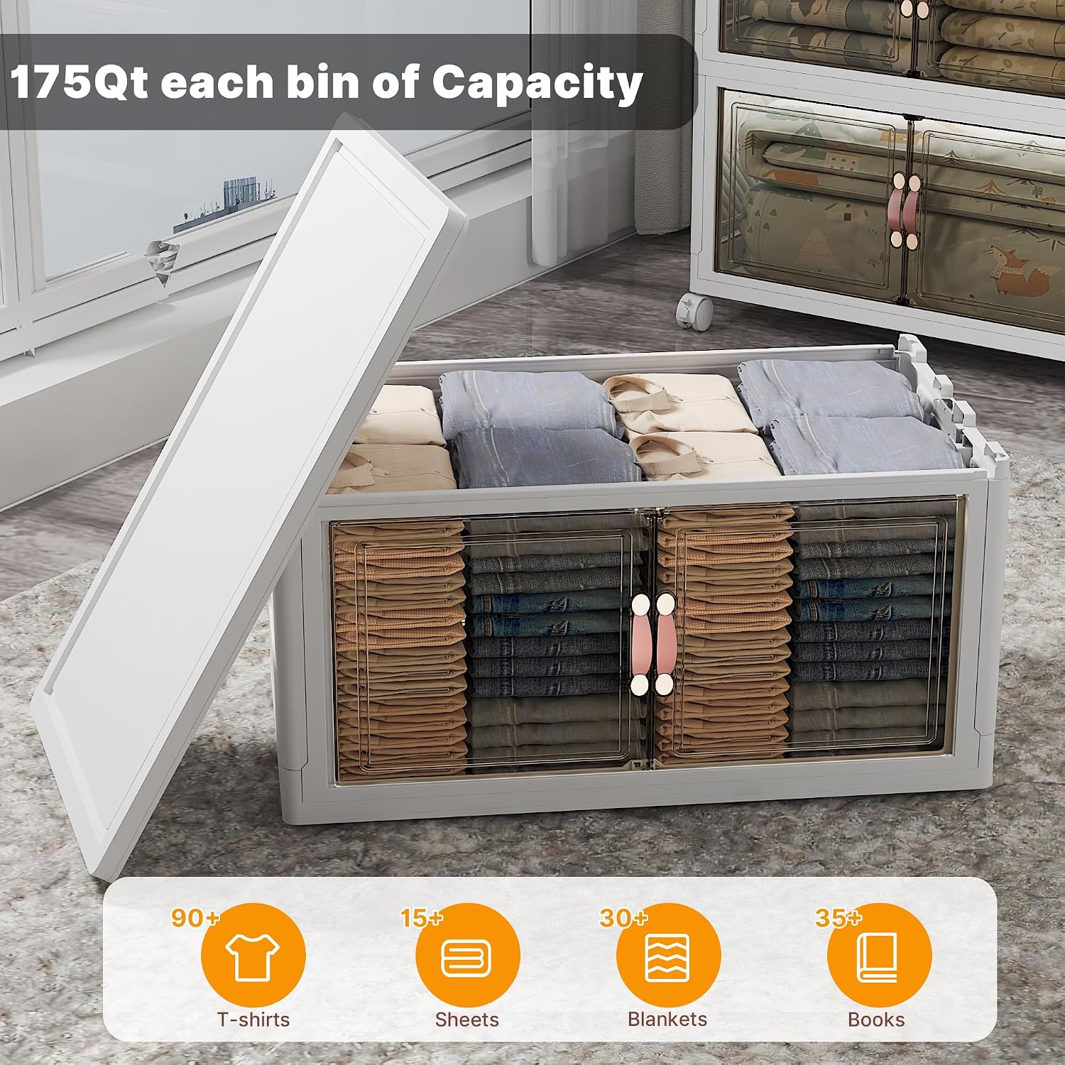 UAMFURI Stackable Storage Bins with Lids, 700QT Closet Organizers and Storage with Doors and Wheels, Extra Large Storage Cabinet, Collapsible Plastic Drawers for Bedroom Dorm Office