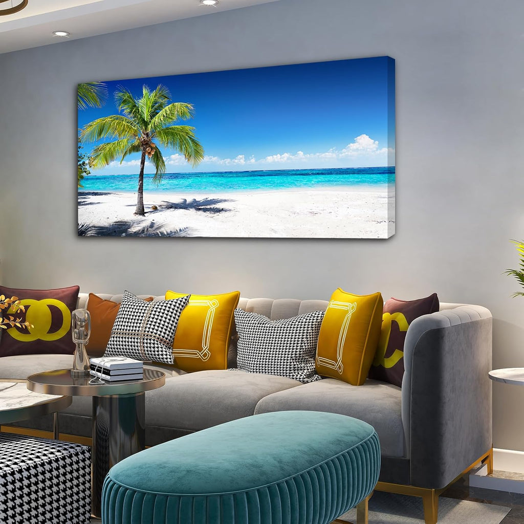 Baisuart Large Canvas Wall Art Summer Ocean Waves Coconut Trees on Sands Beach Seascape Painting Sea Nature Pictures for Living Room Home Office Wall Decor Artwork XXLarge 30x60inch