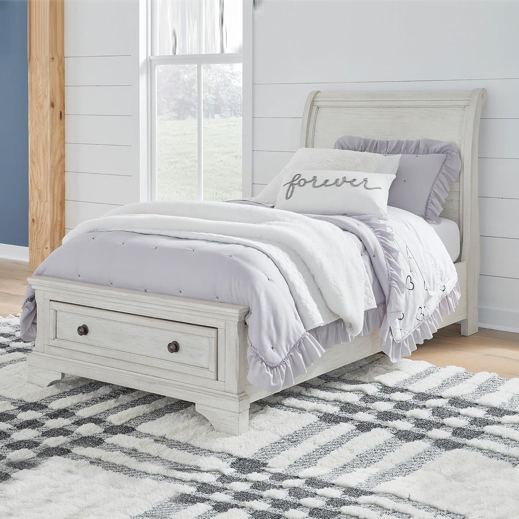 Signature Design by Ashley Robbinsdale Casual Twin Sleigh Storage Platform Bed with 1 Drawer, Foundation or Box Spring Not Needed, White