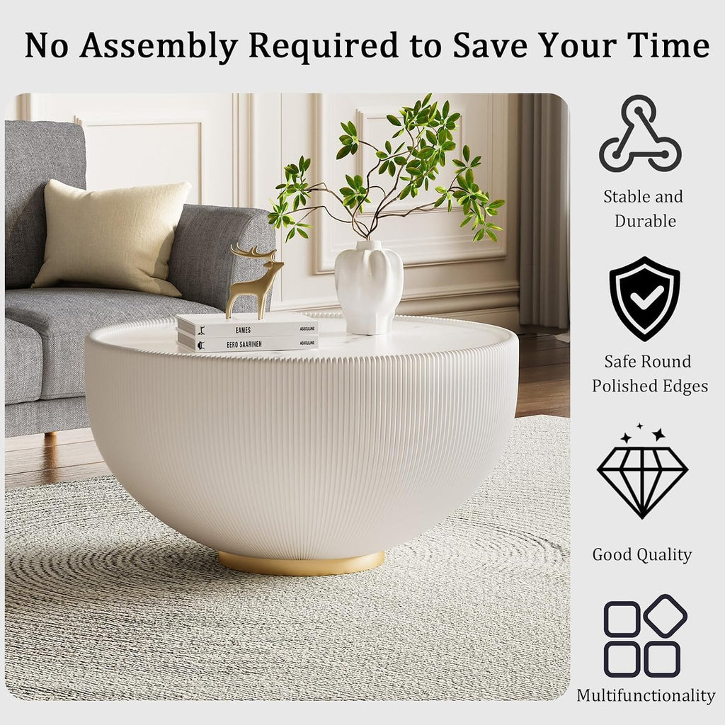 Round Coffee Table Set, 27.56' White Drum Center Table and 19.69' White Coffee Table Set, 2 Pieces Living Room Table Set with Sintered Stone Tabletop, Fluted PU Leather Covered and Metal Base