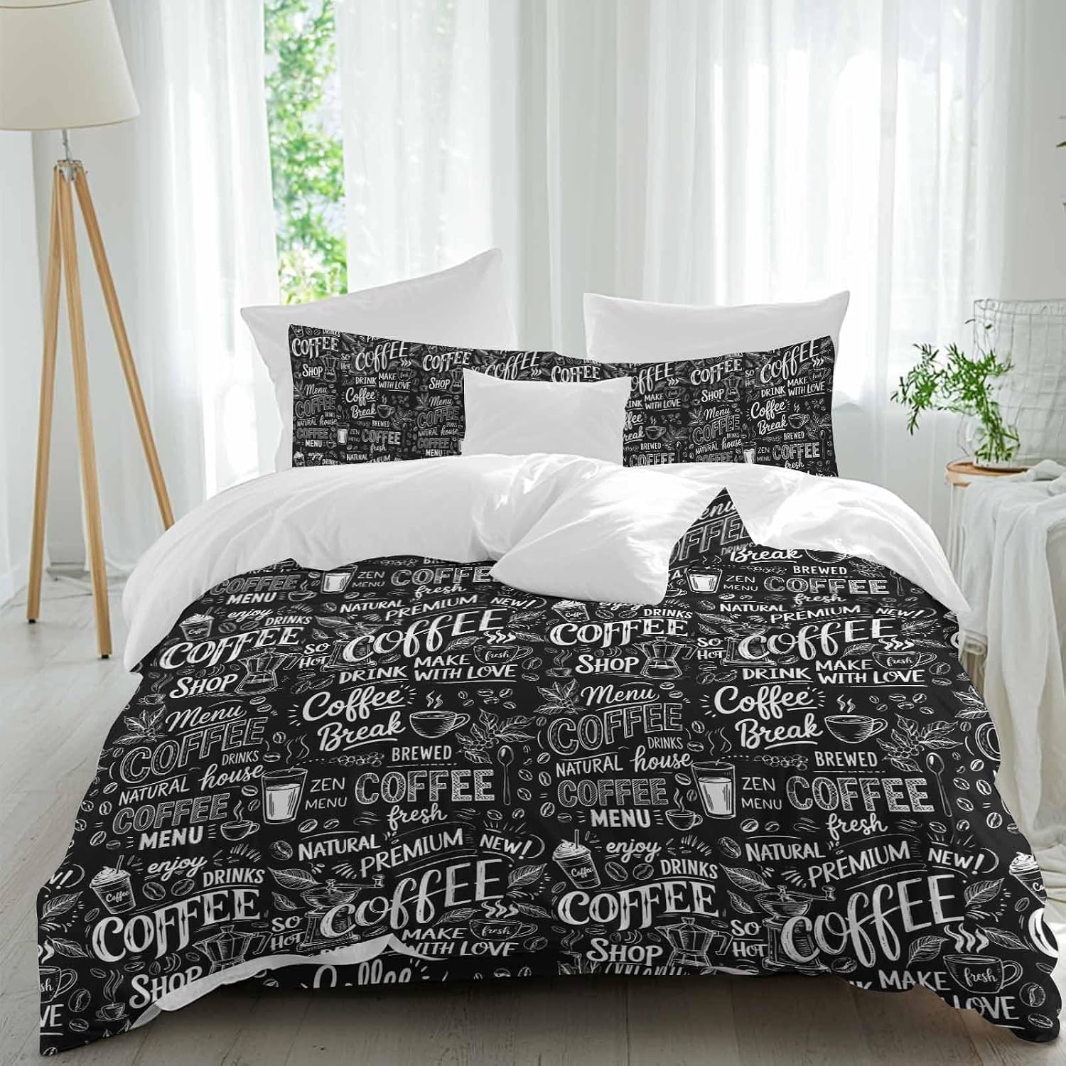 Black White Theme Duvet Cover Set Queen Size 4 Pieces Modern Bread Coffee Pot Milk Drink Minimalist Bedding Set with Zipper Closure, 1 Comforter Cover 86x86 Inches 1 Flat Sheet & 2 Pillow Cases