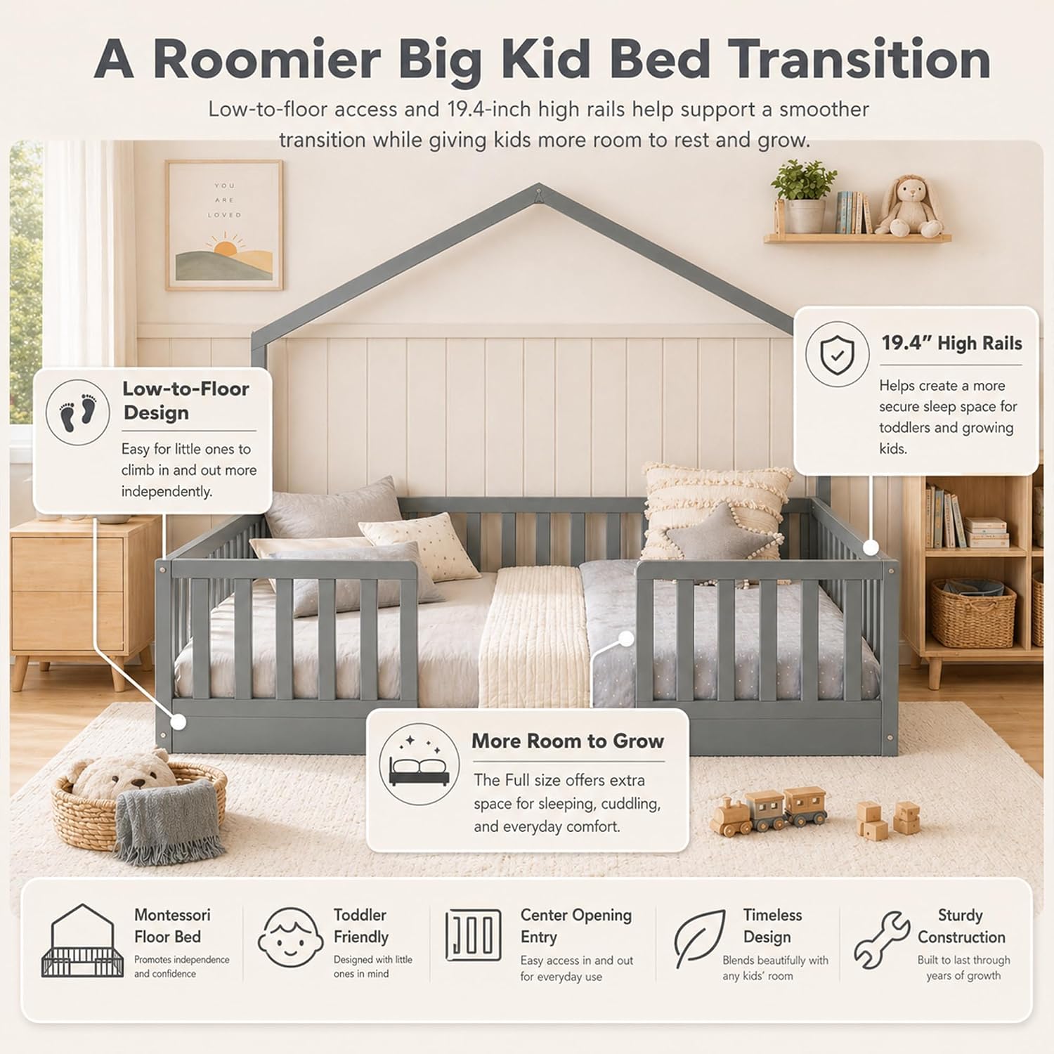 Full Size Floor Bed with High Rails, Wooden Montessori Floor Bed Full with Light & Wood Slats, Low Profile Montessori Beds for Kids, Boys & Girls, Gray