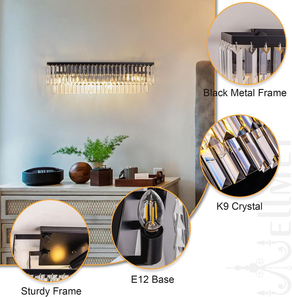 Wellmet 4-Light Bathroom Vanity Light Fixtures, Black Crystal Wall Sconces Lighting, Modern Farmhouse Wall Lamp for Mirror, Living Room, Bedroom, Hallway, Cabinet, Porch, E12 Base(Bulbs Not Included)