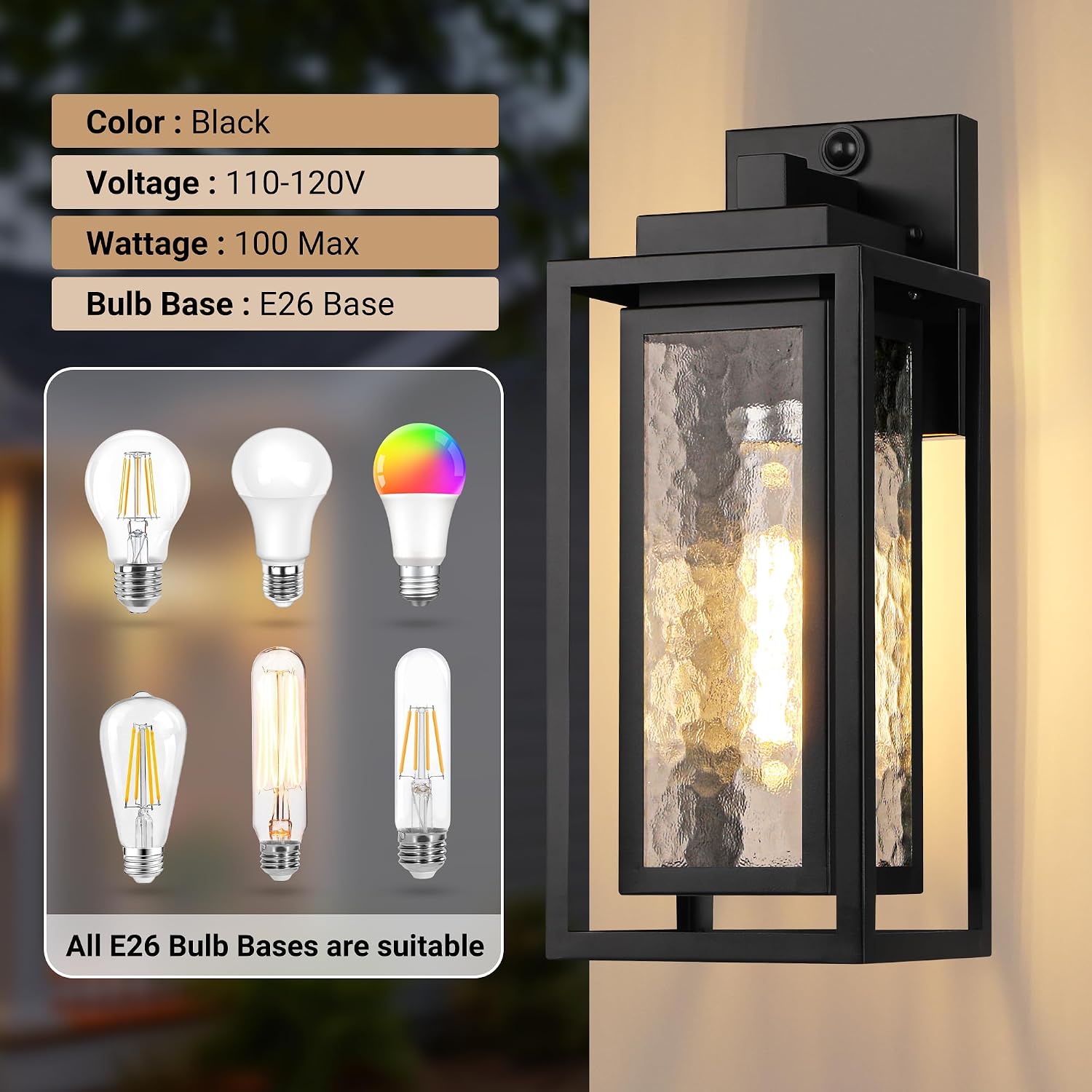 WIHTU Motion Sensor Exterior Porch Light Fixtures, Water Ripple Outdoor Wall Lantern, 2 Pack Sensor Wall Sconce Lights, Waterproof Outside Lantern Lamp, Porch Lamp for Garage, Doorway(Bulb Included)