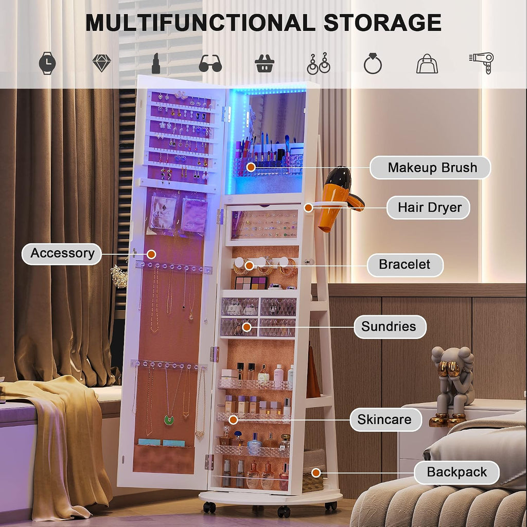 HNEBC 360° Swivel Jewelry Armoire with Mirror, LED Mirror Jewelry Cabinet Standing, Full Length Mirror with Jewelry Storage, Standing Jewelry Organizer/Lockable Wheels/Foldable Makeup Shelf (C-White)