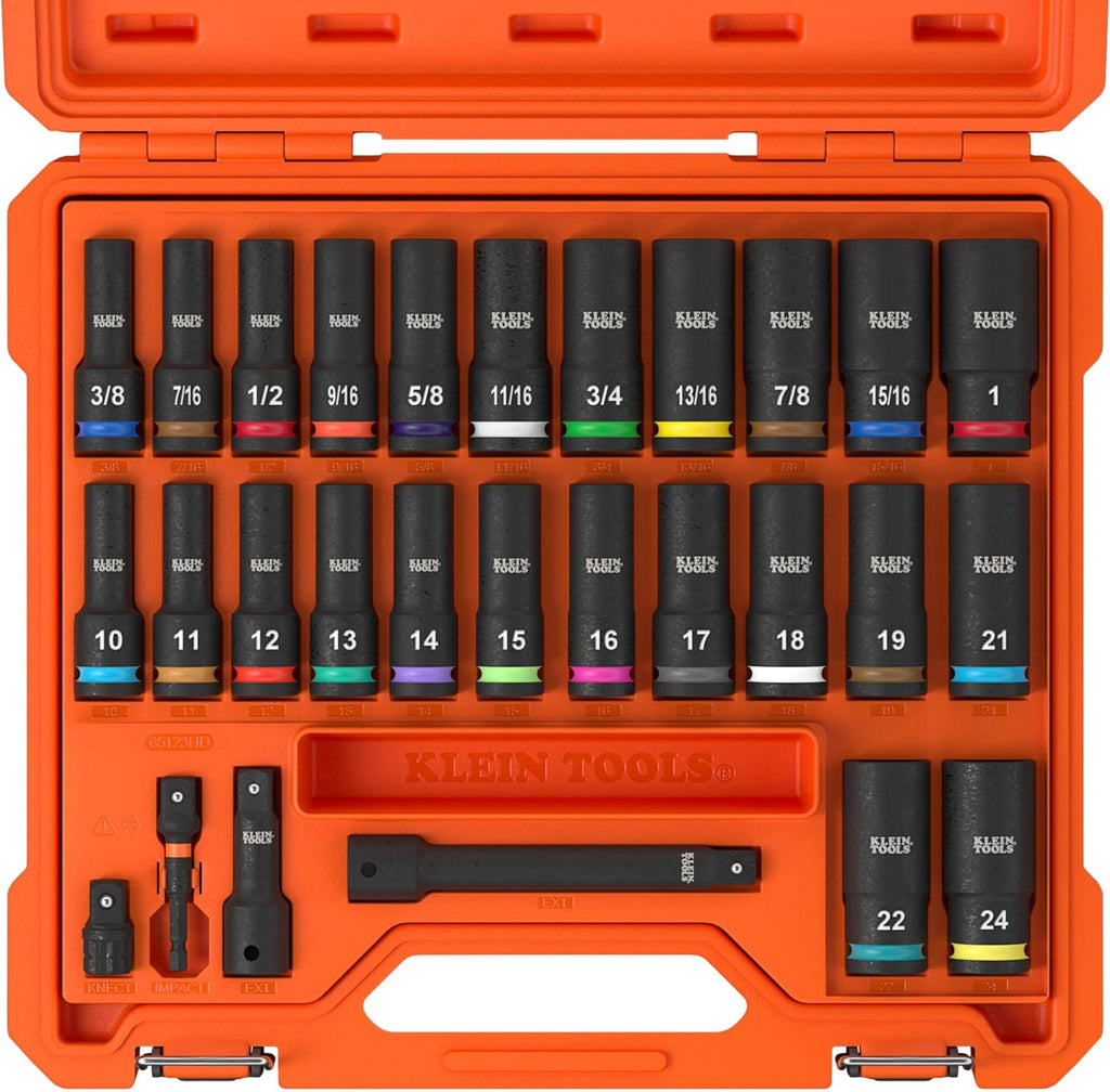 Klein Tools 65123HD KNECT Deep-Well Impact Socket Set, 1/2-Inch Drive, SAE and Metric, 28-Piece Tool Set, 1/4-Inch Impact Driver, Wrench Extensions, Color-Coded, Removable Socket Organizer