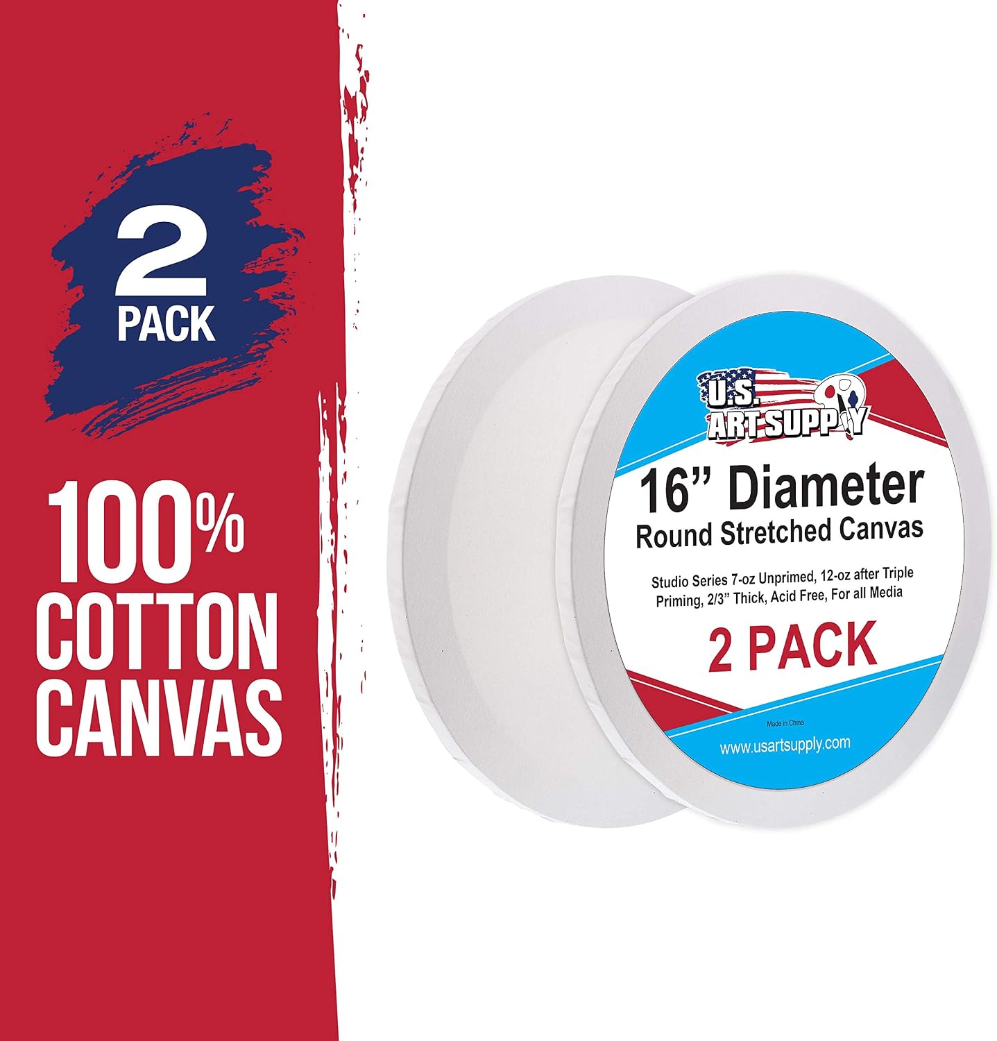 U.S. Art Supply 16 Inch Diameter Round 12 Ounce Primed Gesso Professional Quality Acid-Free Stretched Canvas (Pack of 2)