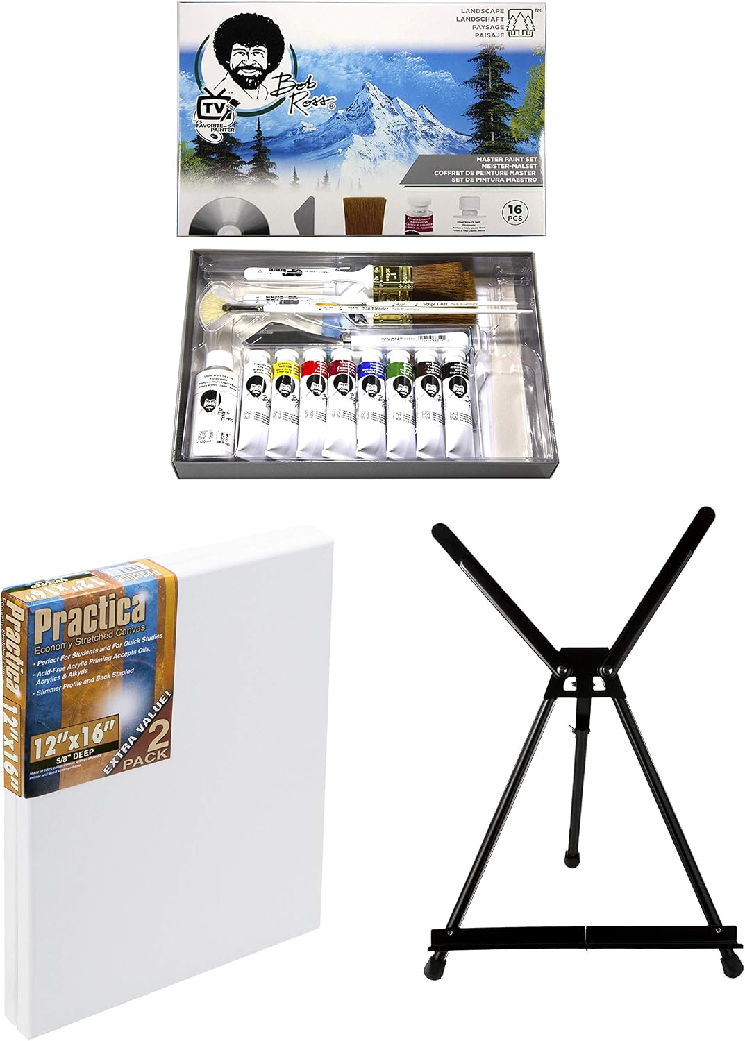 Bob Ross Master Artist Oil Paint Set Bundle with Aluminum Table Easel & 2-Pack 12x16 Stretched Canvas for Painting (3 Items)