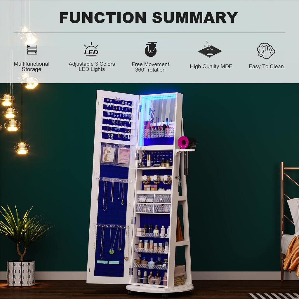 HNEBC 360° Swivel Jewelry Armoire with Mirror, LED Mirror Jewelry Cabinet Standing, Full Length Mirror with Jewelry Storage, Standing Jewelry Organizer/Lockable Wheels/Foldable Makeup Shelf (A-White)