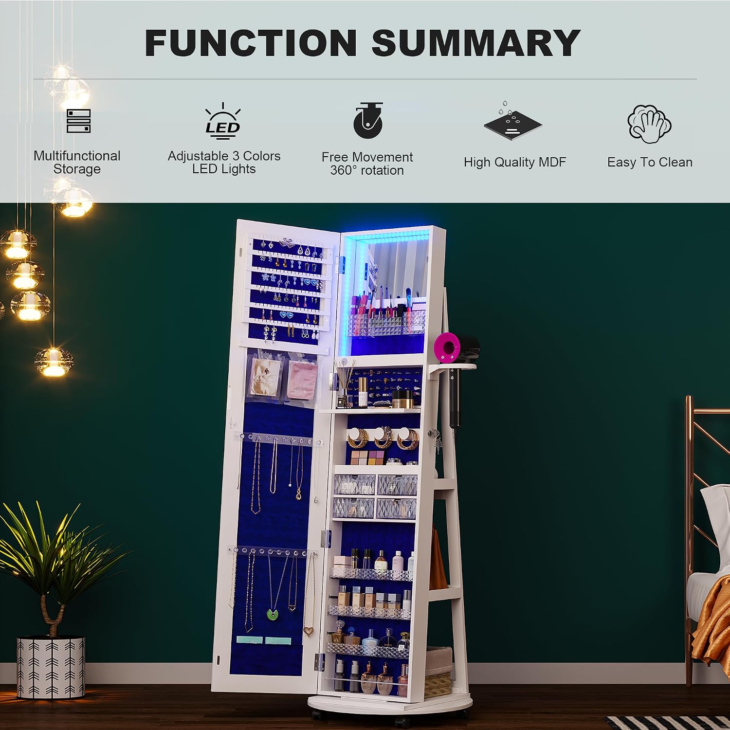 HNEBC 360° Swivel Jewelry Armoire with Mirror, LED Mirror Jewelry Cabinet Standing, Full Length Mirror with Jewelry Storage, Standing Jewelry Organizer/Lockable Wheels/Foldable Makeup Shelf (A-White)