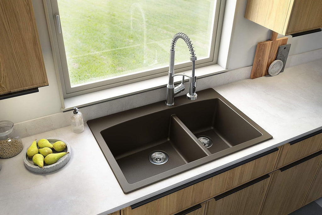 Karran QT-711 Drop-In Quartz Composite 33 in. 1-Hole 60/40 Double Bowl Kitchen Sink in Brown