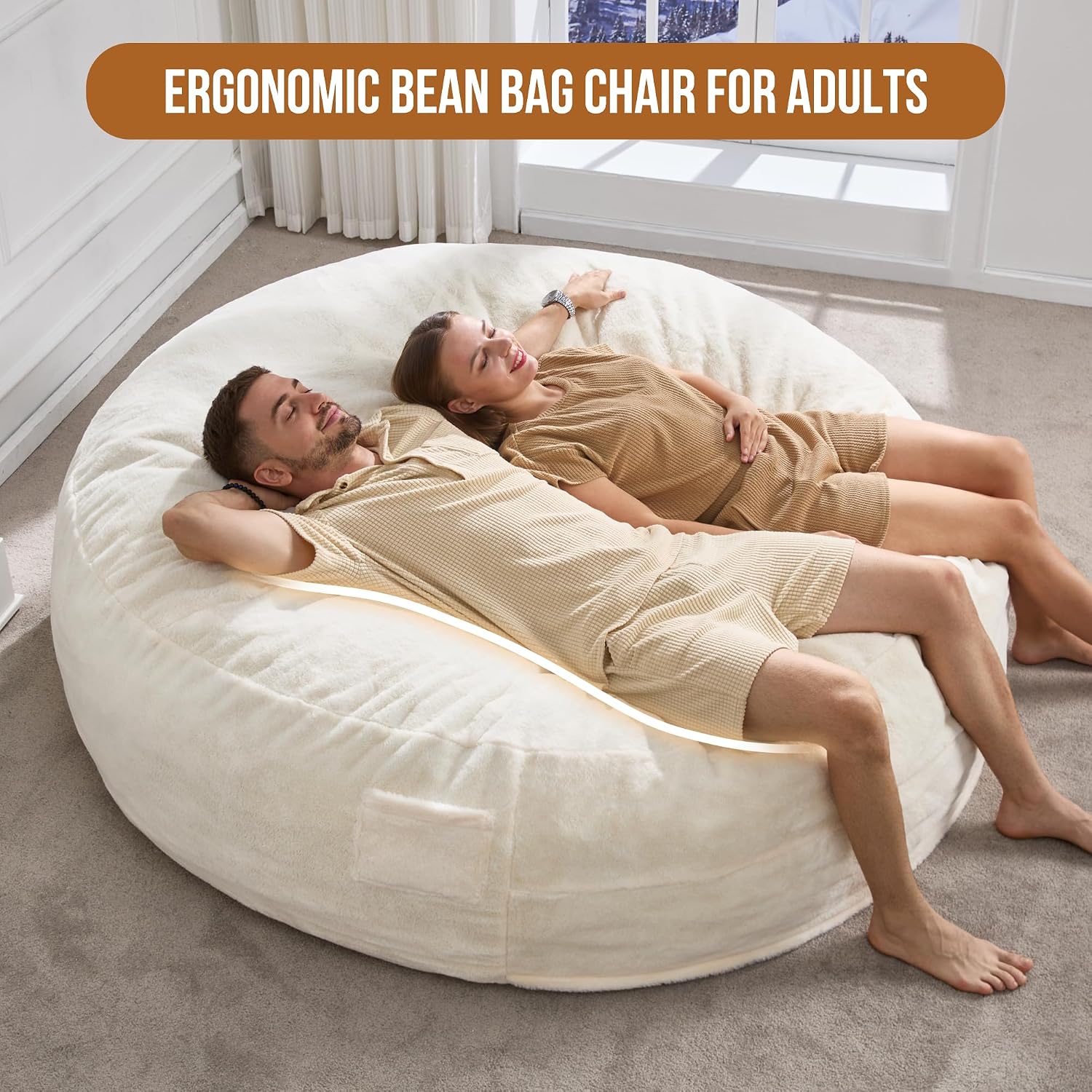 Hobestluk 6ft Bean Bag Chairs for Adults Large Beanbag Chair with Plush Faux Fur Cover Big Bean Bag Chair for Living Room Bedroom Dorm Office - White (70' x 70' x 15')
