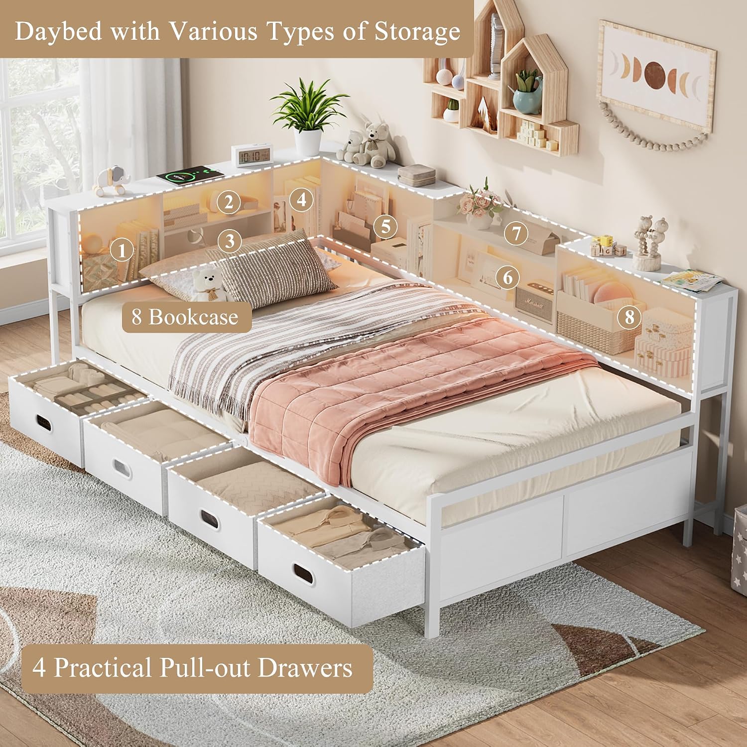 Twin Size Corner Bed Frame with 8 Bookcase Headboard & 4 Storage Drawers, Twin Metal Platform Bed with LED Light Strip & Charging Station, Twin Daybed for Kids Teens Guests,White