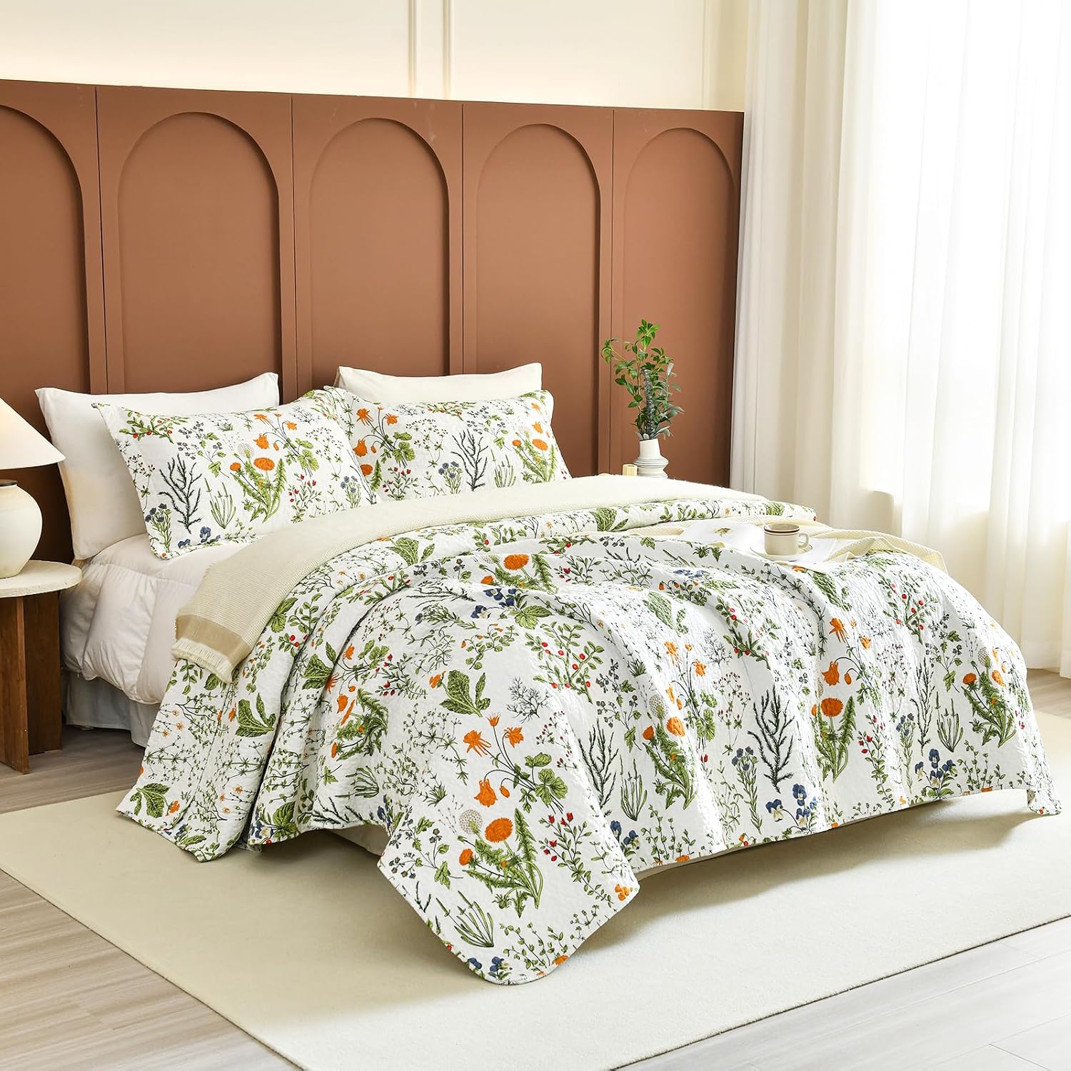 Sanracie California King Quilt Bedding Set(118'x106'), 100% Cotton Soft Breathable Green Floral Bedspread Sets 3Pcs Yellow Flowers Plant Pattern Botanical Printed Quilted Set for All Season