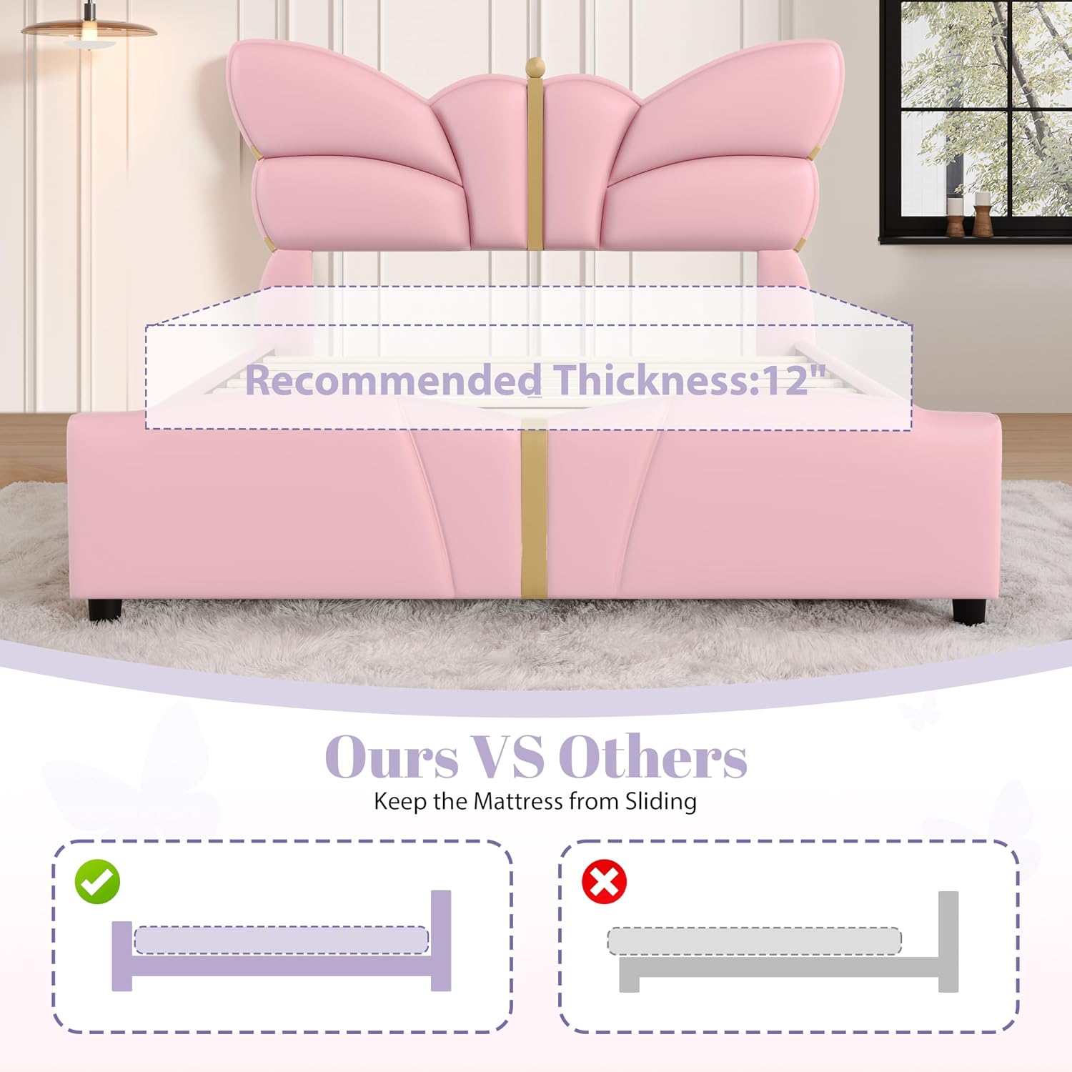 Merax PU Leather Upholstered Platform Bed with Butterfly Shaped Headboard and Footboard, Full Size Bed Frame for Bedroom, Solid Wood Slats Support, No Box Spring Needed, Easy Assembly, Light Pink