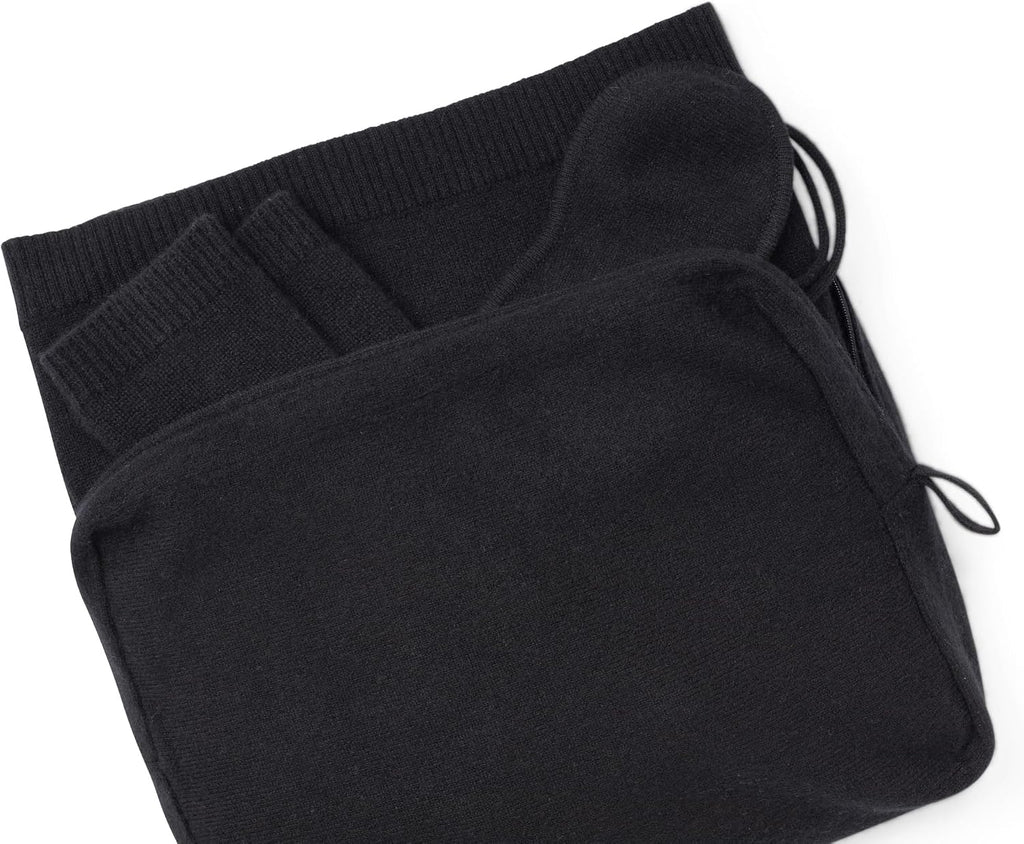 Jet&Bo 100% Pure Cashmere Travel Set: Blanket, Eye Mask, Socks, Carry/Pillow Case Black in Gift Box