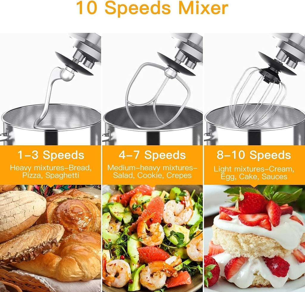 7.5 QT Stand Mixer, 10-Speed Tilt-Head Electric Dough Mixer with Stainless Steel Bowl, Includes Dough Hook, Wire Whisk, and Beater, with Splash Guard for Home Cooks, Silver