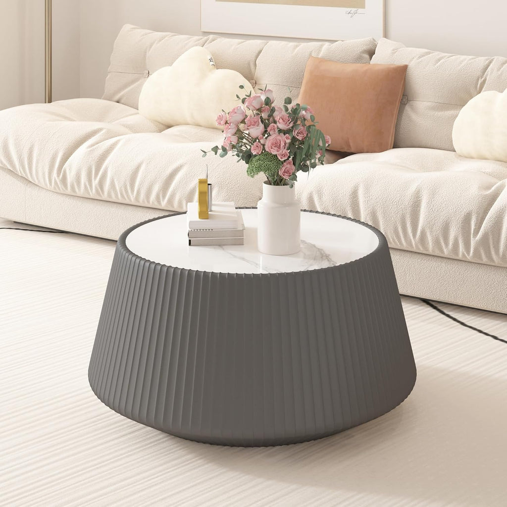 26.77' Grey Round Coffee Table, Drum Coffee Table with Sintered Stone Tabletop and Fluted PU Leather Covered and Stable Base, Circle Cocktail Tea Table for Living Room
