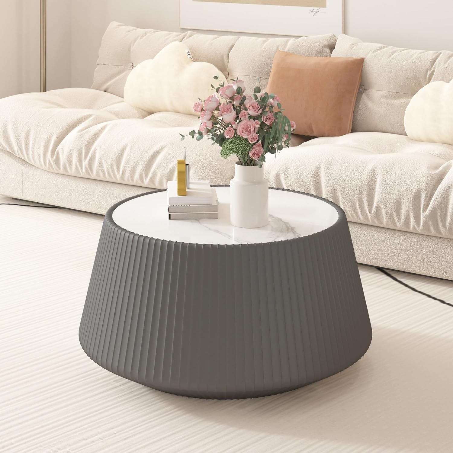 26.77' Grey Round Coffee Table, Drum Coffee Table with Sintered Stone Tabletop and Fluted PU Leather Covered and Stable Base, Circle Cocktail Tea Table for Living Room
