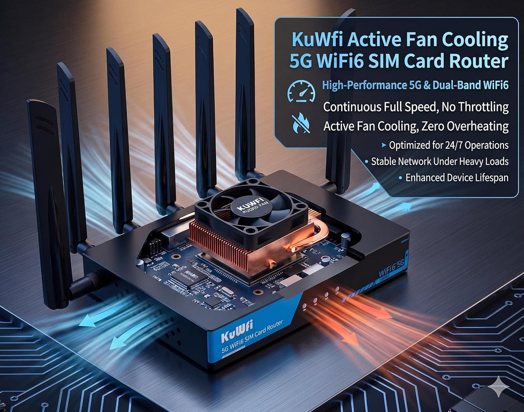 KuWFi 5G Router with SIM Card Slot, AX3000 WiFi 6 Unlocked 5G Router with Cooling Fan, 2.5G WAN & Dual SIM Failover, WireGuard VPN, Global 5G Network for Home/RV/Office, T-Mobile & AT&T