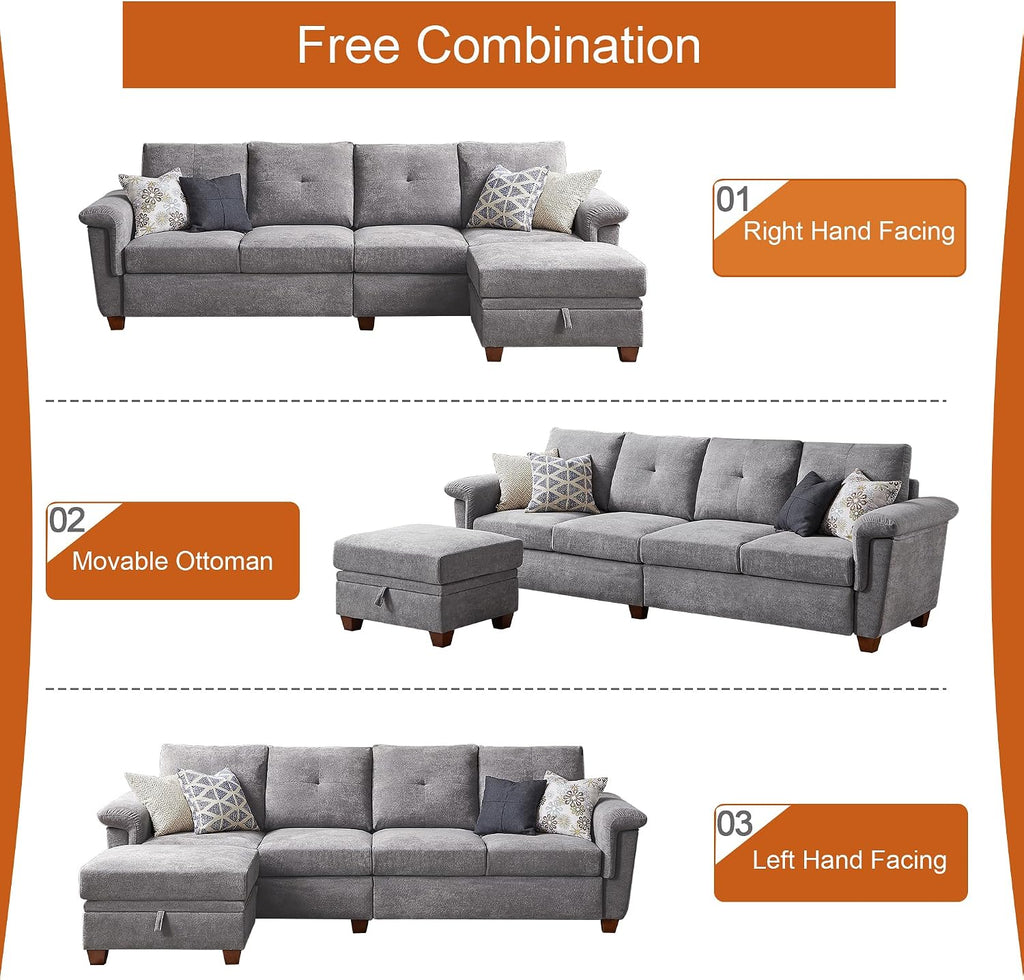 4-Seat Sectional Couches for Living Room, Bedroom, Office with Storage, L Shape Convertible Sectional Sofa Couch with Ottoman and Cup Holders, Light Grey