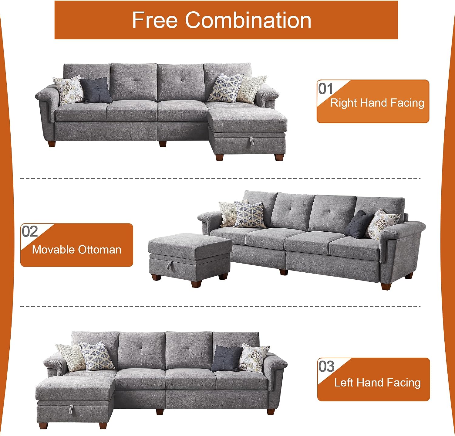 4-Seat Sectional Couches for Living Room, Bedroom, Office with Storage, L Shape Convertible Sectional Sofa Couch with Ottoman and Cup Holders, Light Grey