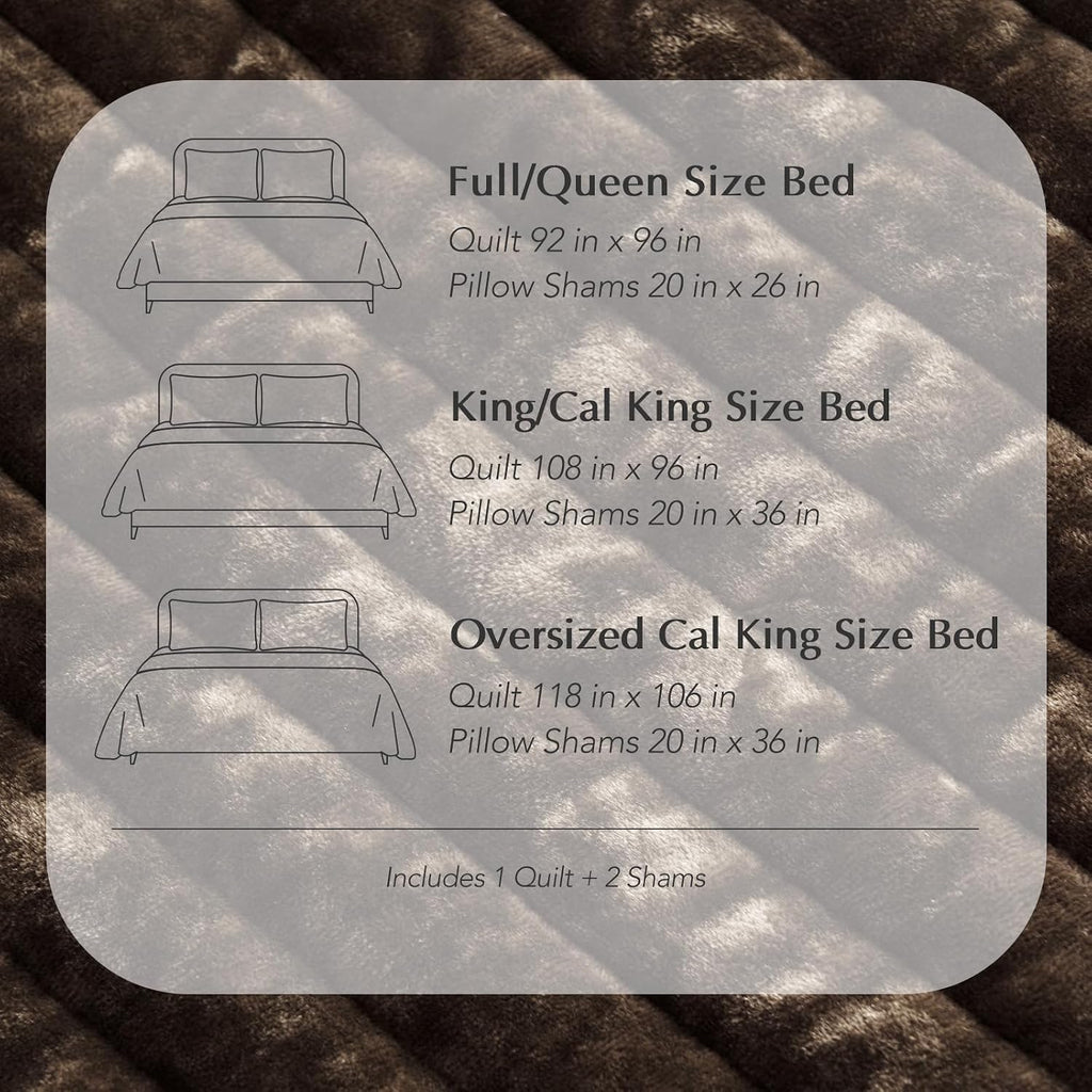 EVERGRACE Velvet Quilt Set California King 118'' x 106'', Luxurious Soft Striped Channel Bedding Set, Lightweight Velvet Comforter for All Season, Oversized Bedspread Coverlet w/ 2 Shams, Walnut Brown