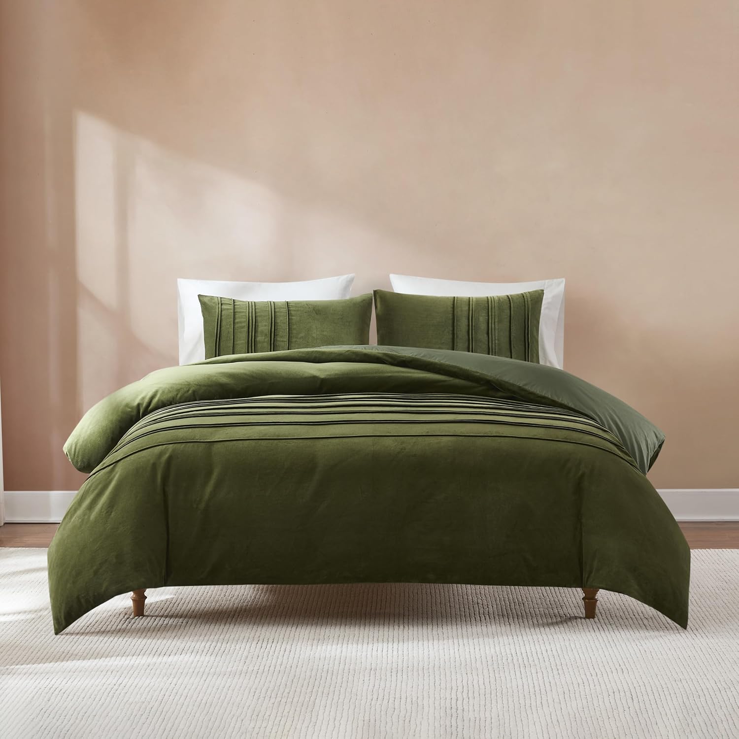 Lush Decor x Chuks Collins Pleated Groove Velvet Duvet Cover 3 Piece Set Queen Green - Velvet Bedding Set - Duvet Cover Queen - Green Duvet - Luxury Bedding