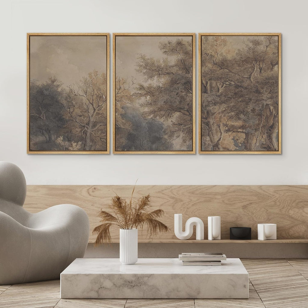 SIGNWIN Framed Canvas Print Wall Art Set Vintage Woodland Sketch Earth Tone Forest Tree Illustrations Modern Art Contemporary Minimal Ultra for Living Room, Bedroom, Office - 24'x36'x3 Natural