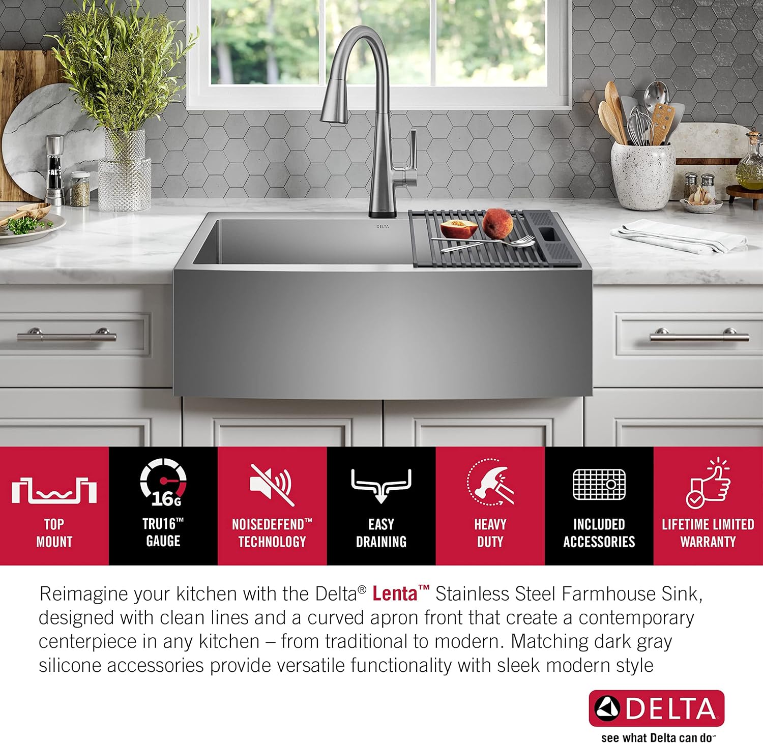 DELTA FAUCET Delta Lenta 30-inch Retrofit Farmhouse Apron Front 16 Gauge Stainless Steel Single Bowl Kitchen Sink for Undermount/Drop-In Installation with Accessories, 95J132-T30S-SS