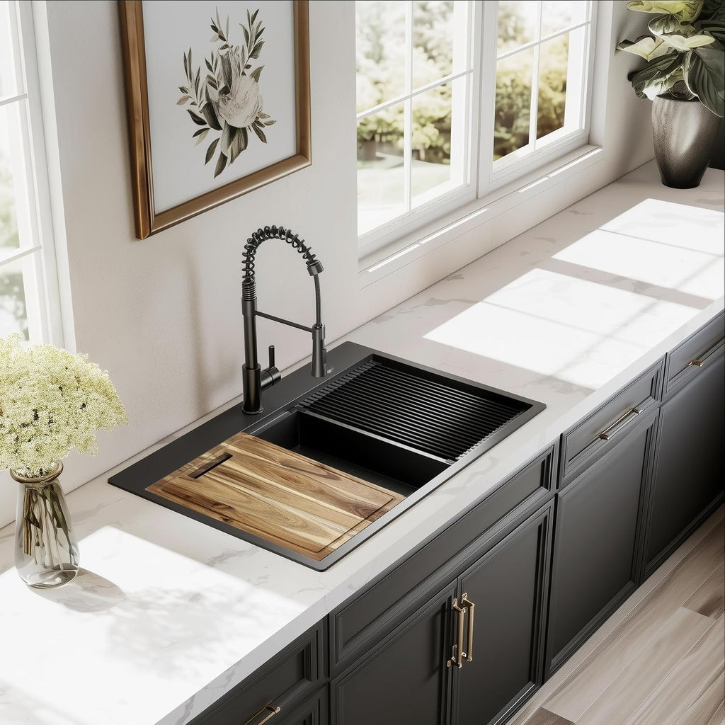 33 inch Gunmetal Black Drop-In Workstation Sink, 18 Gauge Single Bowl Topmount Stainless Steel Kitchen Sink with Spring Neck Faucet and Various Accessories