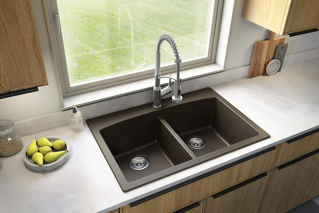 Karran QT-710 33 Inch Top Mount Double Bowl Kitchen Sink, 50/50 Low Divide Quartz Composite Drop-In Sink, Rear Drain, Heat and Scratch Resistant, Brown