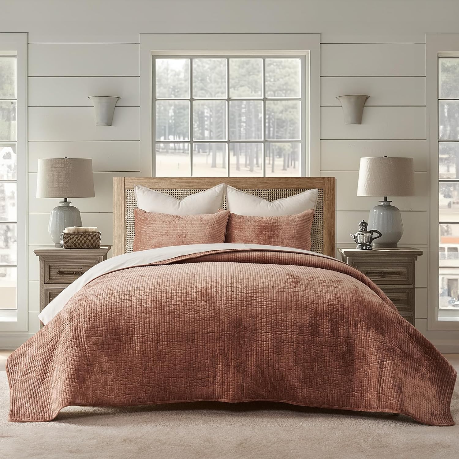 EverGrace Velvet Quilt Set California King 118'' x 106'', Luxurious Soft Bedding Sets, Lightweight Velvet Comforter for All Season, Striped Oversized Bedspread Coverlet w/ 2 Shams, Terracotta Clay
