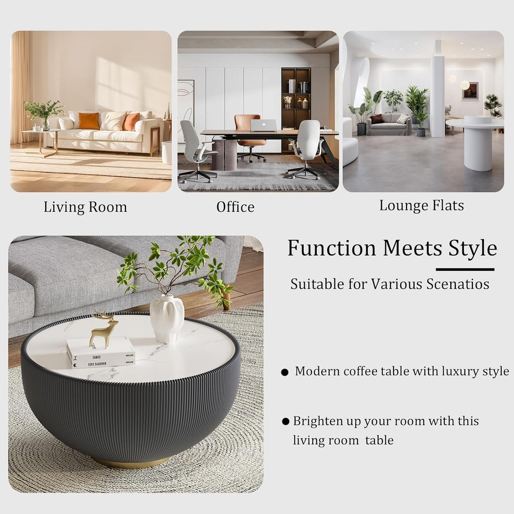 27.56' Grey Round Coffee Table, Drum Coffee Table with Sintered Stone Tabletop and Fluted PU Leather Covered and Metal Base, Circle Cocktail Tea Table for Living Room