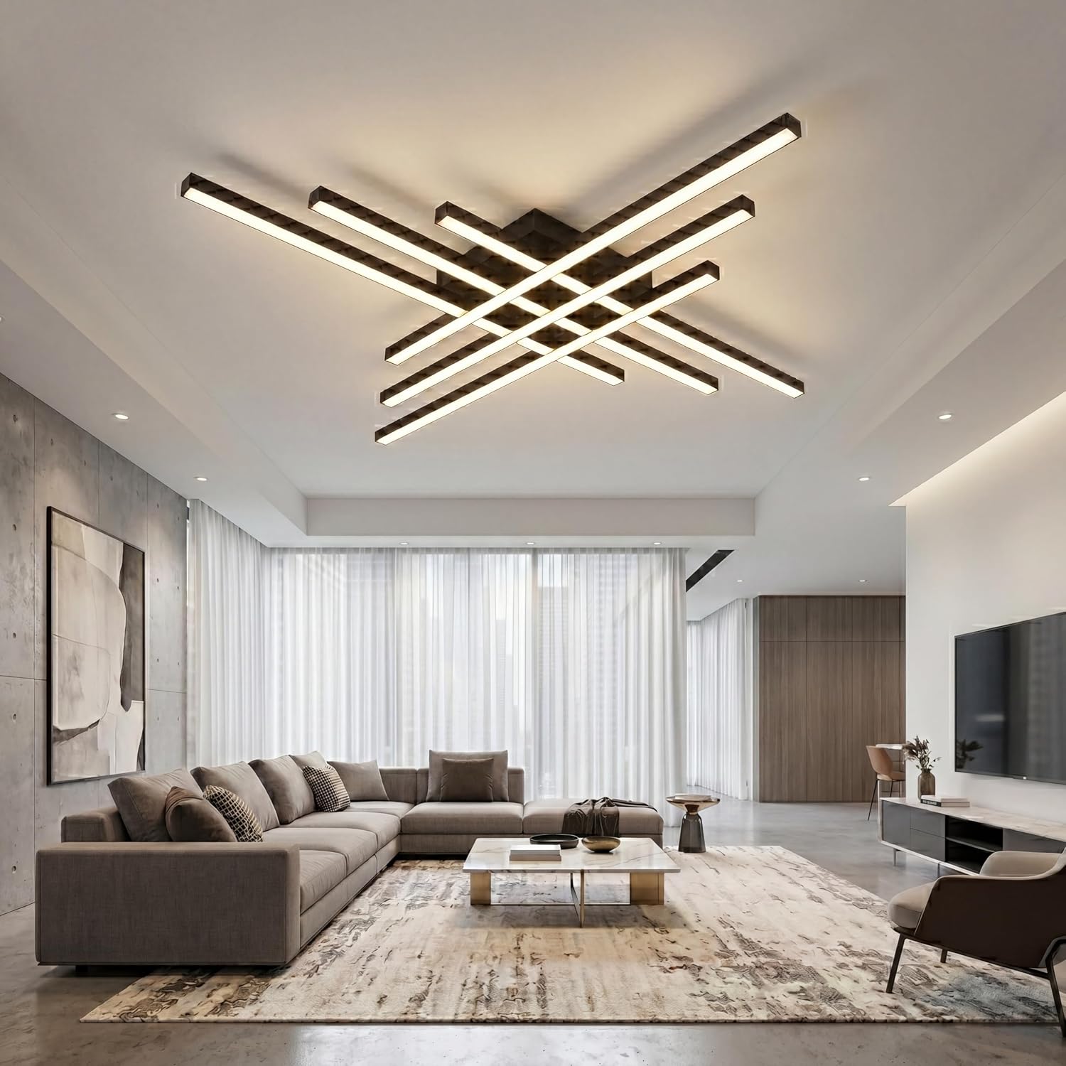 Modern LED Ceiling Lights 43.3' Black Flush Mount Ceiling Light Fixture Sputnik Dimmable Ceiling Lights with Remote Control for Bedroom Living Room Kitchen Room(6 Lights)
