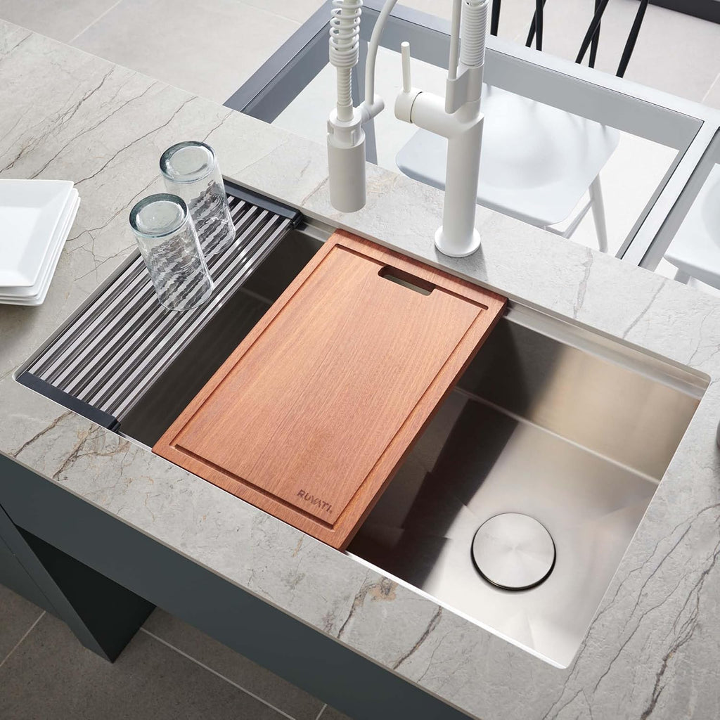 Ruvati 36-inch Rounded Corners Workstation Kitchen Sink - Slope Bottom Offset Drain Undermount Kitchens Sink - 16 Gauge Stainless Steel Kitchen Sinks with Accessories - RVH8596