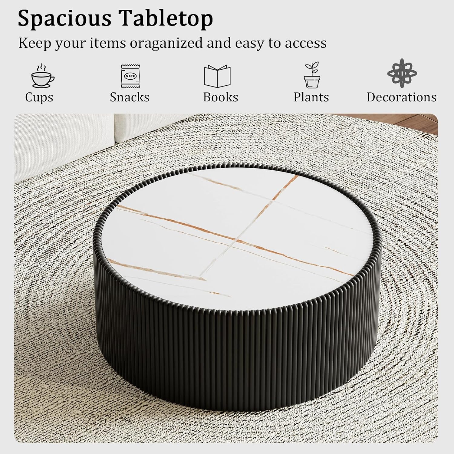 Round Living Room Table Set, 29.52' Black Drum Center Table and 17.71' Grey Coffee Table Set, 2 Pieces Coffee Table Set with Sintered Stone Tabletop, Fluted PU Leather Covered and StableBase