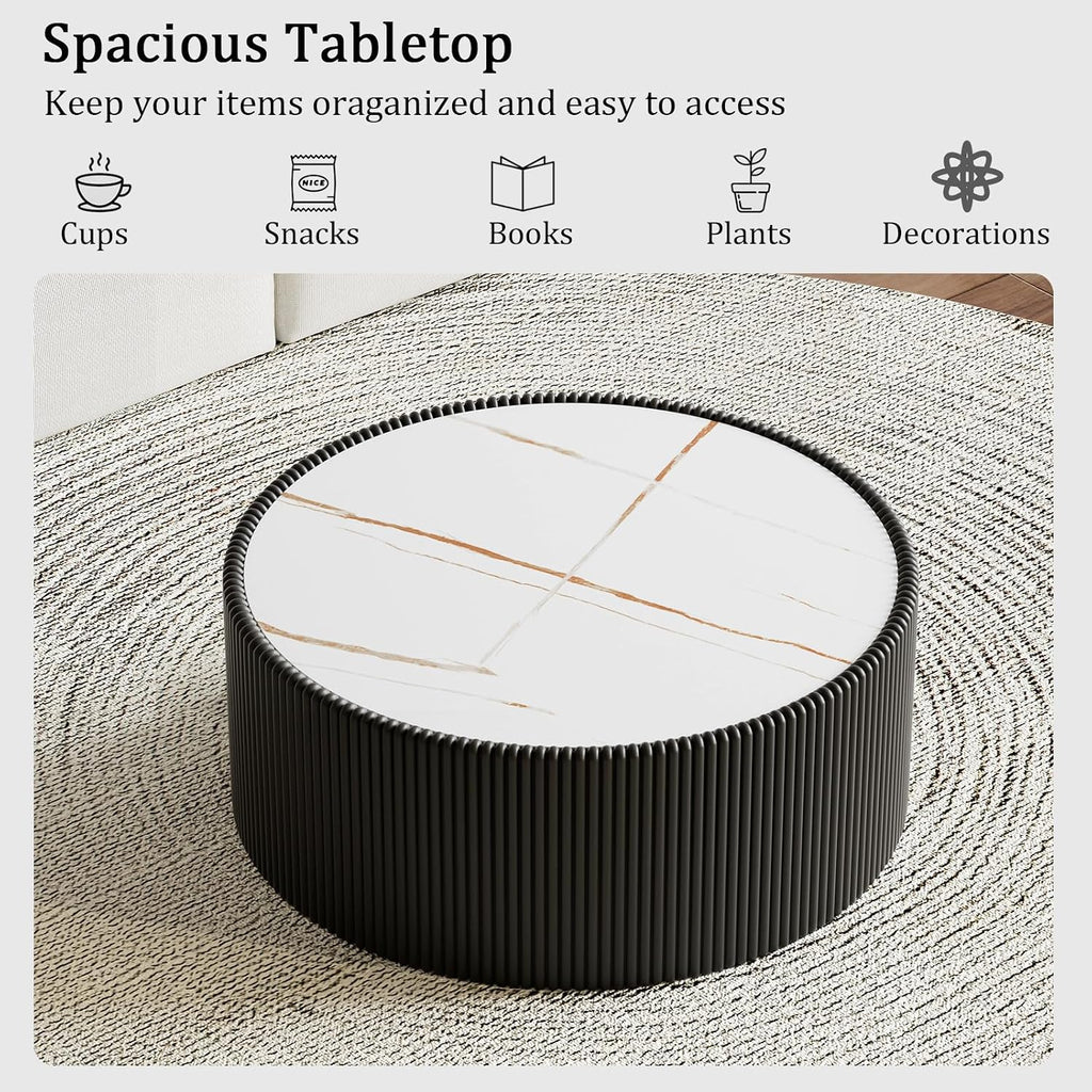 Round Coffee Table Set, 29.52' Black Drum Center Table and 17.71' Black Coffee Table Set, 2 Pieces Living Room Table Set with Sintered Stone Tabletop, Fluted PU Leather Covered and Stable Base