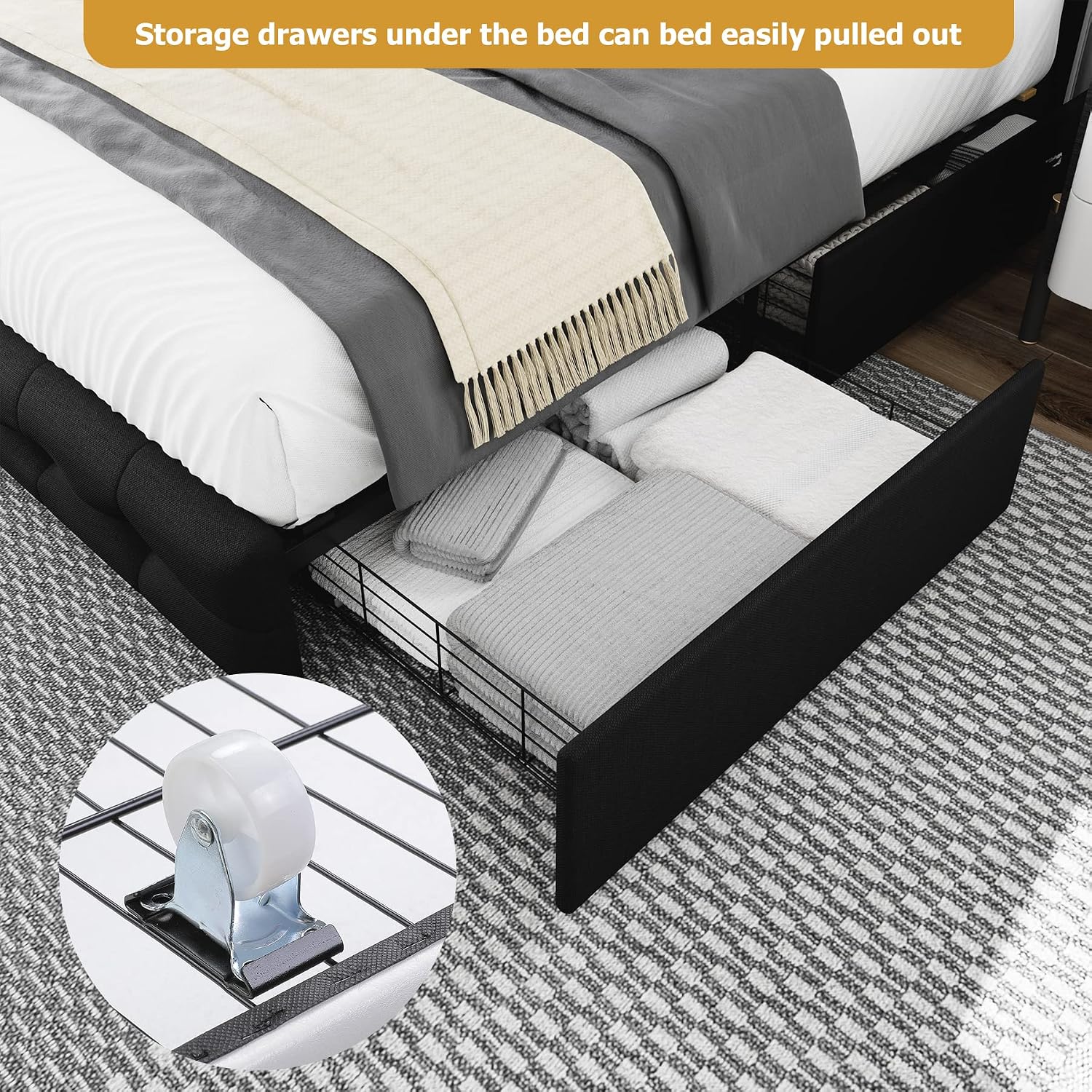 TTVIEW Full Size Bed Frame with 4 Storage Drawers and Adjustable Headboard, Upholstered Platform Bed with Button Tufted Design, Strong Wooden Slats Support, No Box Spring Needed, Black