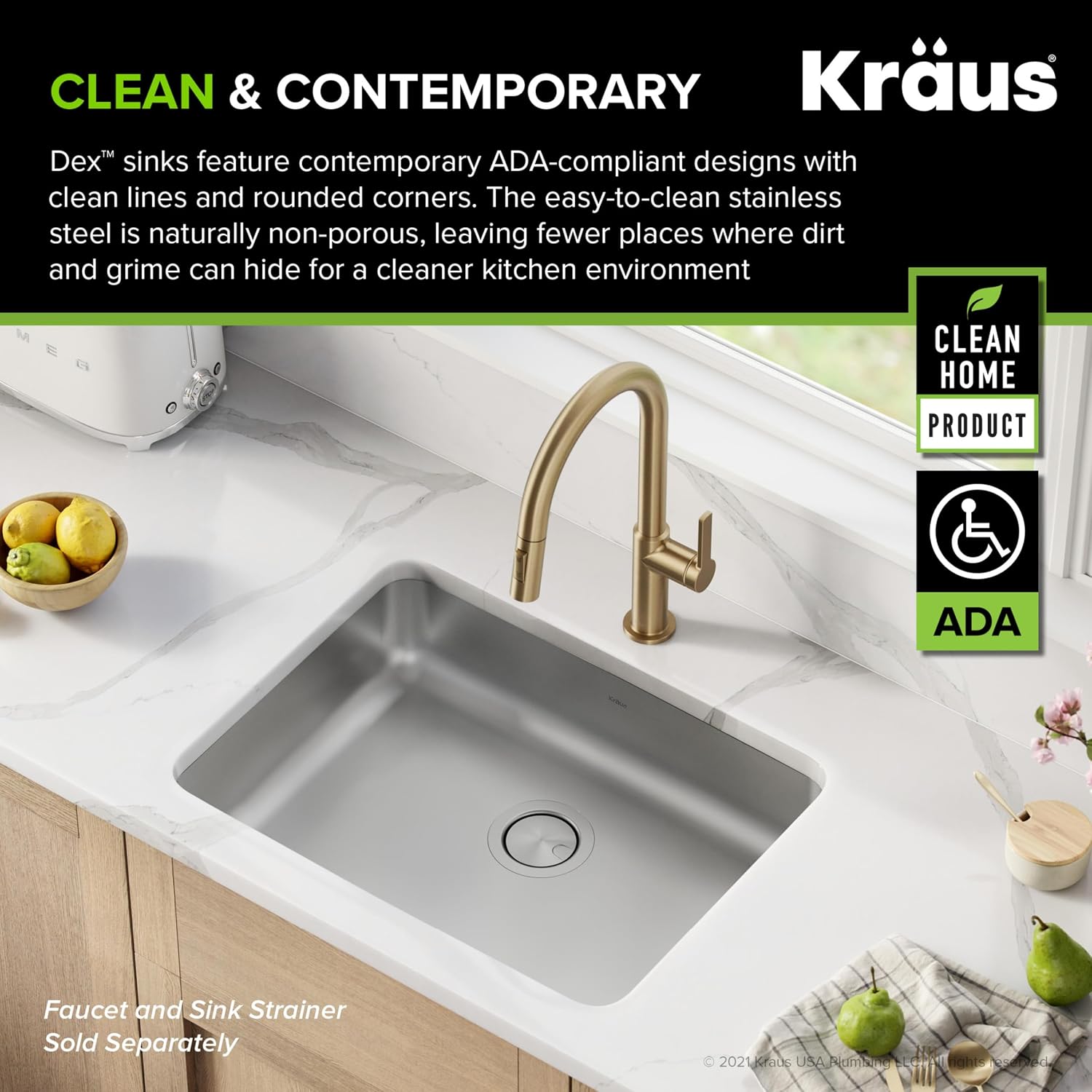 KRAUS Dex 25-inch Undermount 16 Gauge Stainless Steel Single Bowl ADA Kitchen Sink, KA1AS25B