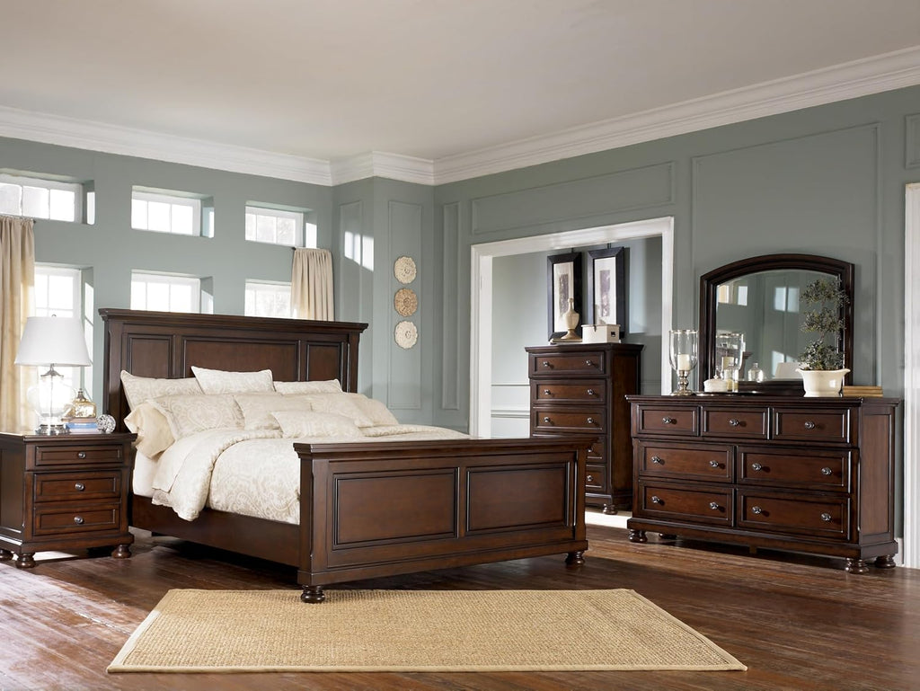 Signature Design by Ashley Porter Traditional Queen Panel Bed, Hand-Finished, Foundation or Box Spring Needed, Wood, 67.81' W x 88.25' D x 60.25' H, Dark Brown