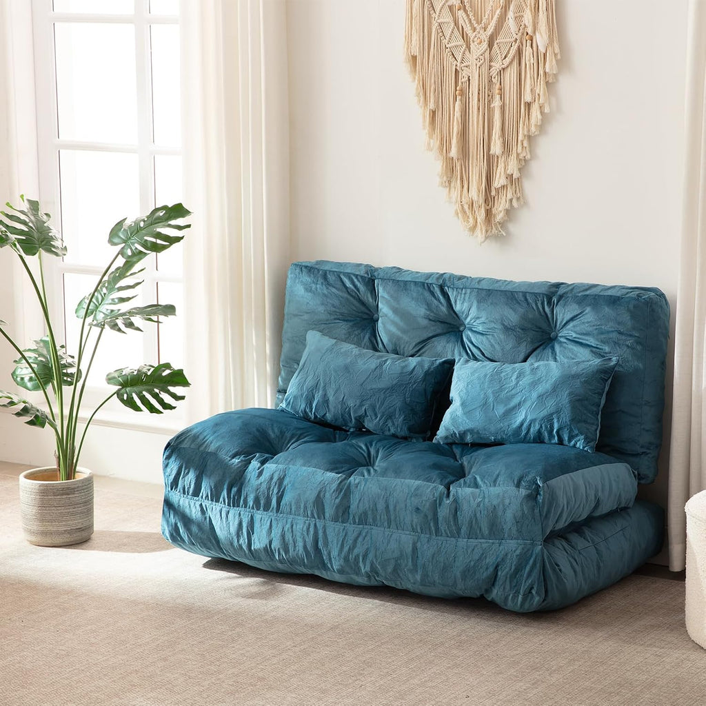 Folding Sofa Bed, Convertible Sleeper Chair with Pillow Foldable Mattress with Back Support, Portable Fold Out Chair Bed Comfy Floor Sofa Lounge for Living Room Bedroom, Blue Twin 80x39 Inch