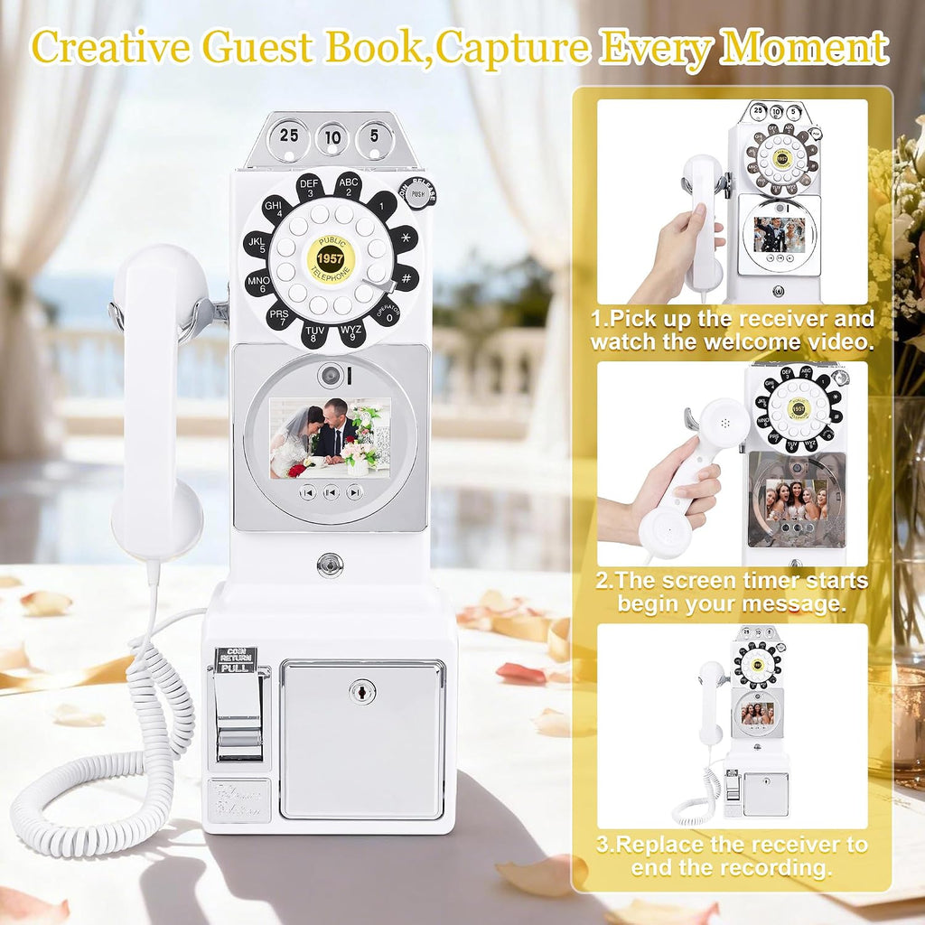 Video Audio Guest Book Wedding Phone, 1080P HD Video Guestbook Phone, Retro-Style Video Guest Book with Long Battery Life for Wedding, Birthday Party, Graduations, Baby Shower (Classic White)