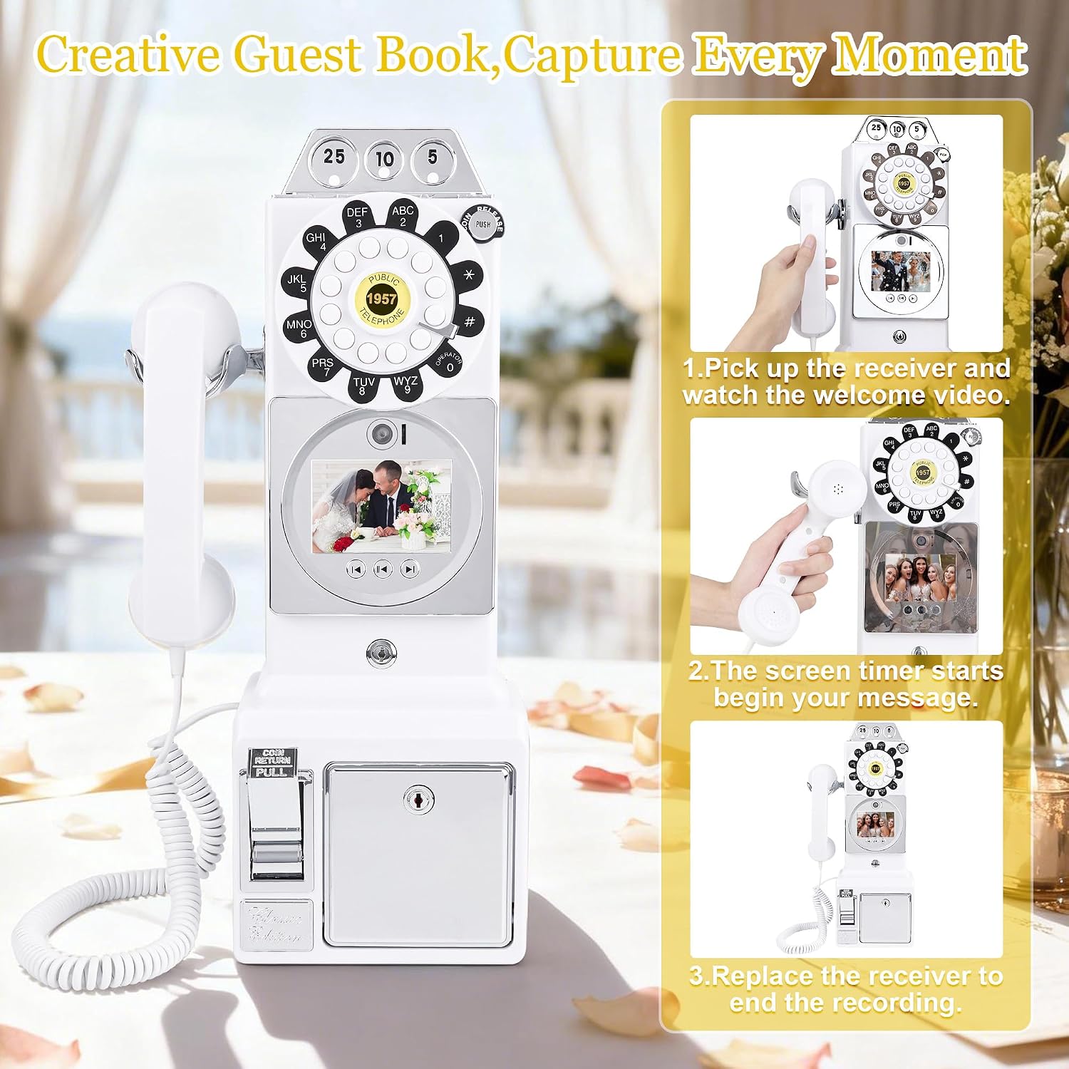 Video Audio Guest Book Wedding Phone, 1080P HD Video Guestbook Phone, Retro-Style Video Guest Book with Long Battery Life for Wedding, Birthday Party, Graduations, Baby Shower (Classic White)