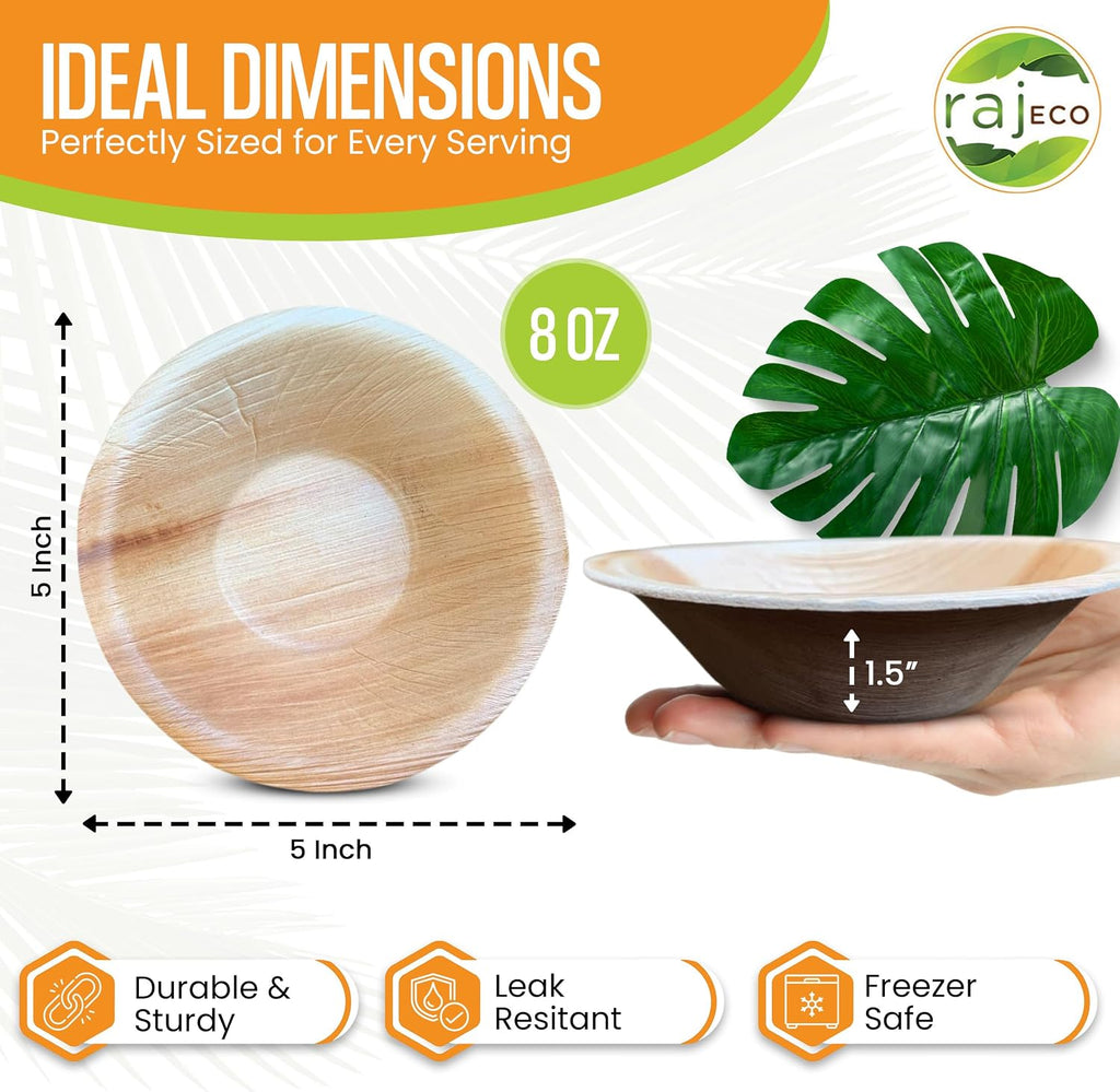 Raj Palm Leaf Bulk Bowls [50-Pack] 5' Round Bowls (6 CASES - 300 PACK) like Bamboo bowls Disposable, Strong, Decorative Compostable Tableware for weddings, Camping, Outdoor